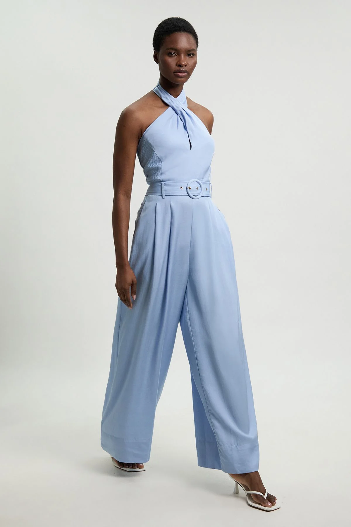 Premium Viscose Linen Cross Front Halter Belted Woven Wide Leg Jumpsuit - 1