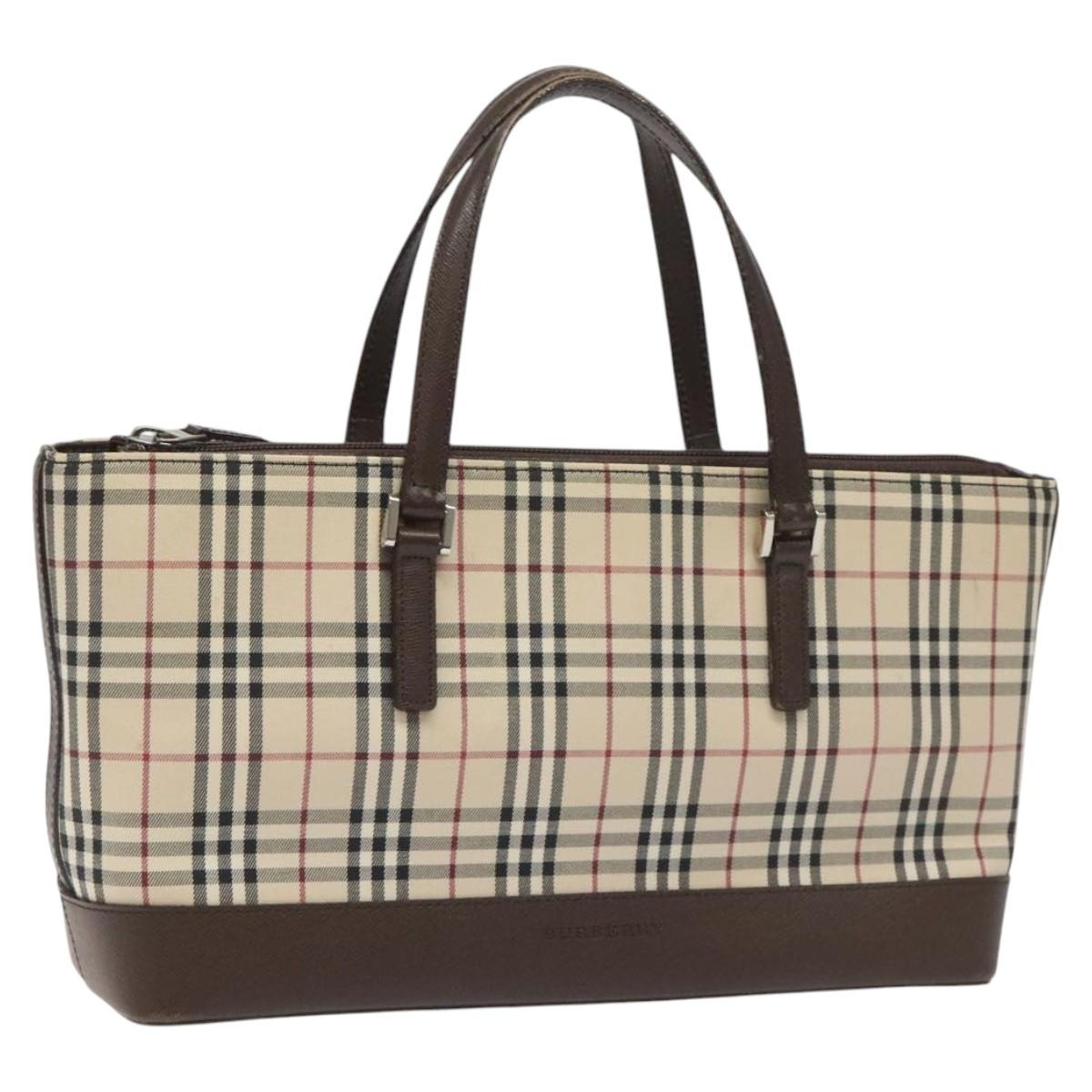 Burberry Nova Check Hand Bag Canvas Leather Beige Brown Silver - 1