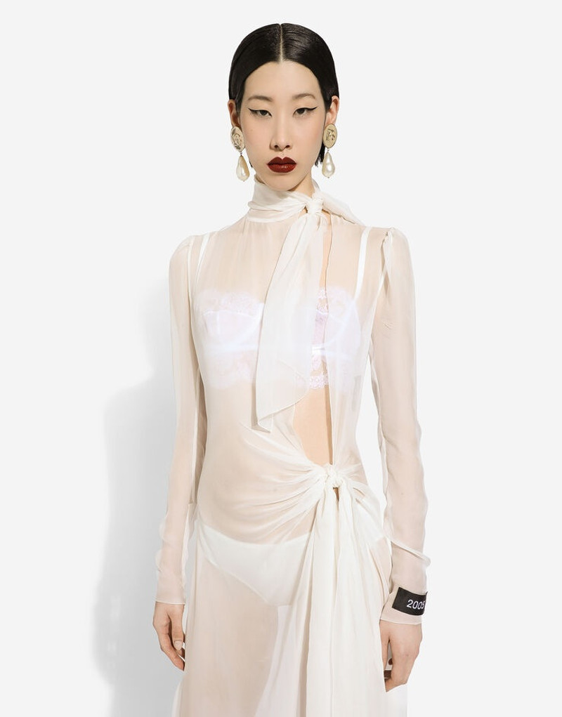 Long silk chiffon dress with bow detail 5
