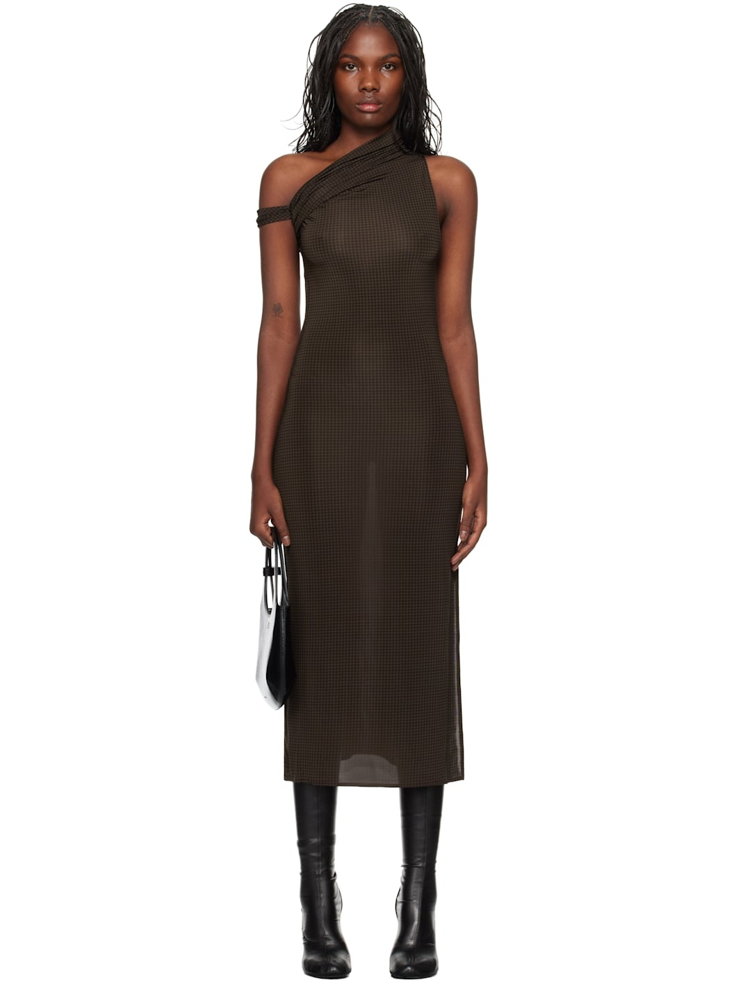 Brown Houndstooth Twist Midi Dress - 1