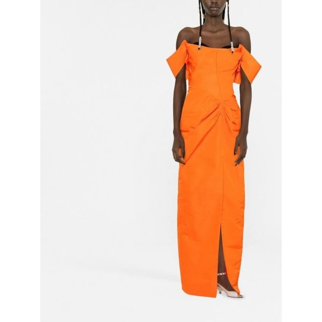 Orange long tailored dress with open shoulders - 2