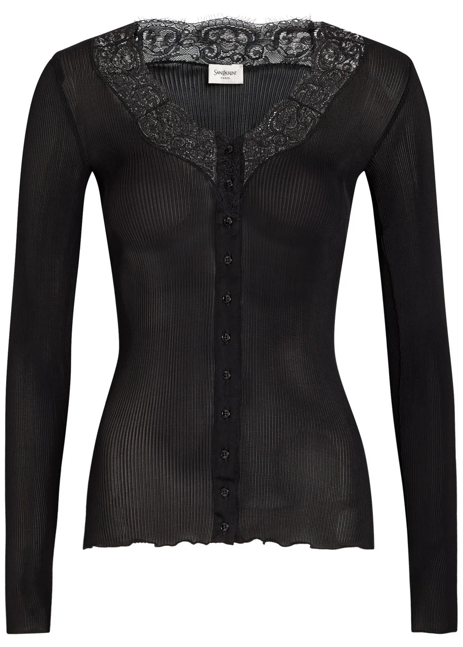 Saint Laurent Lace-trim Ribbed Silk Cardigan - 1