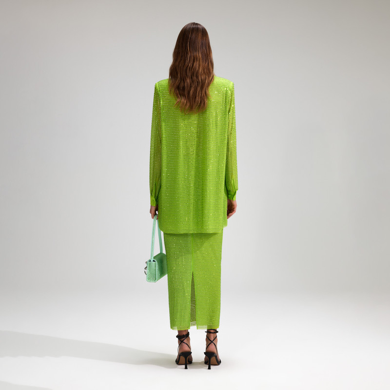 self-portrait Green Rhinestone Mesh Midi Skirt outlook