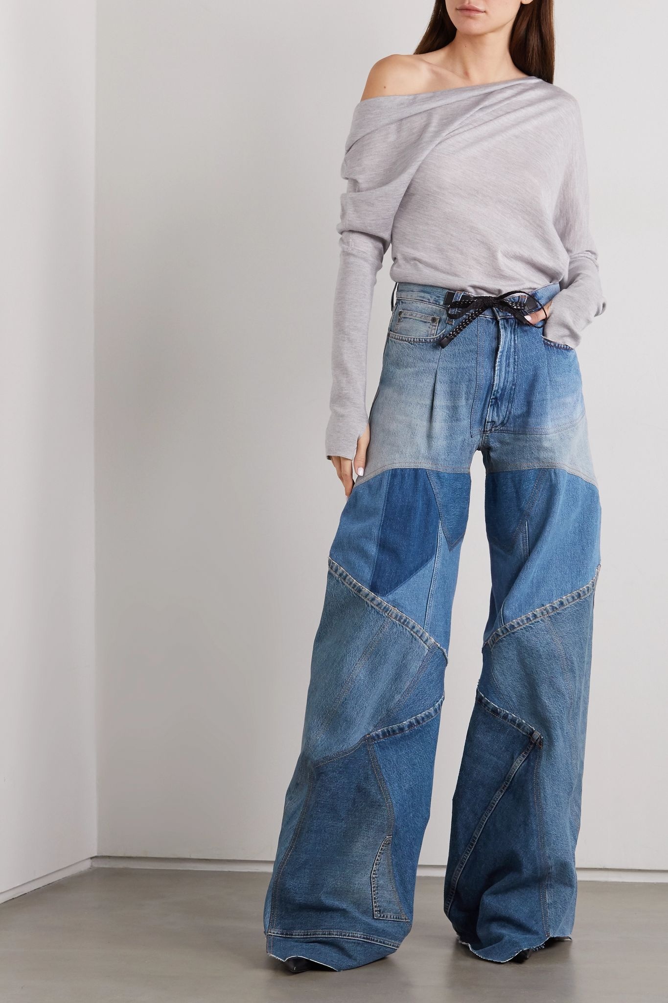 Leather-trimmed distressed patchwork high-rise wide-leg jeans - 2