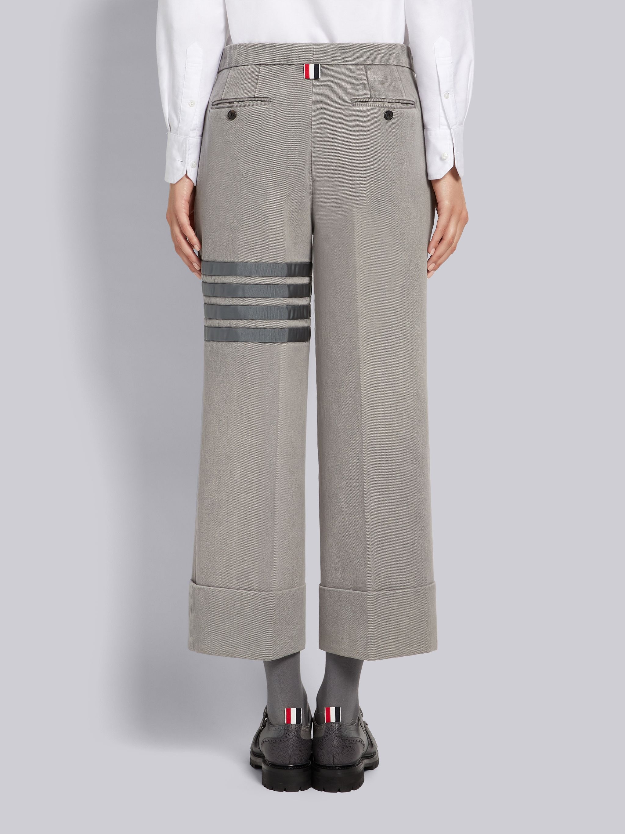 Light Grey Heavyweight Garment Dyed Cotton Twill Tonal Grosgrain 4-Bar Sack Trouser - 3