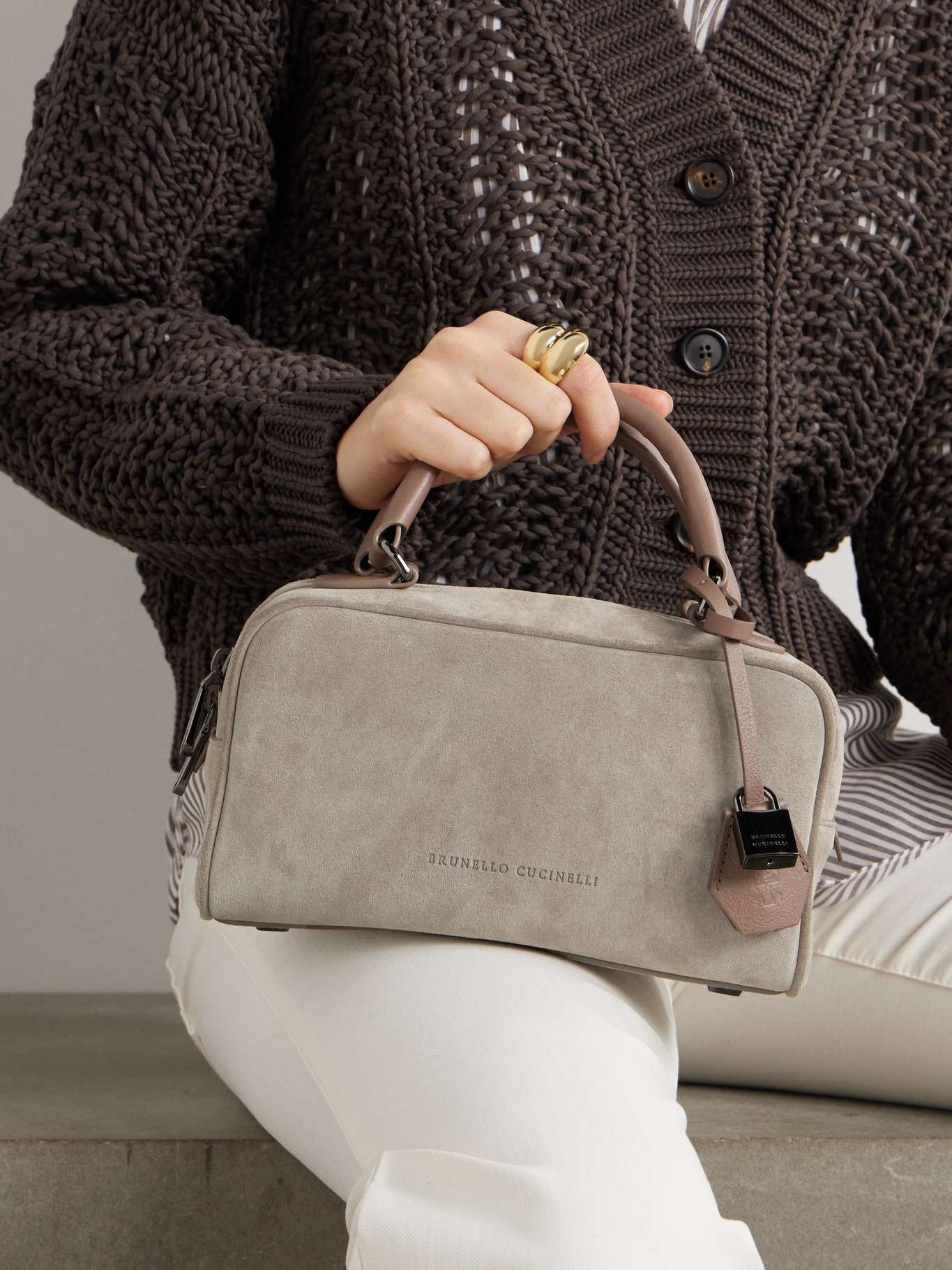 Leather-trimmed suede shoulder bag Gray - 2