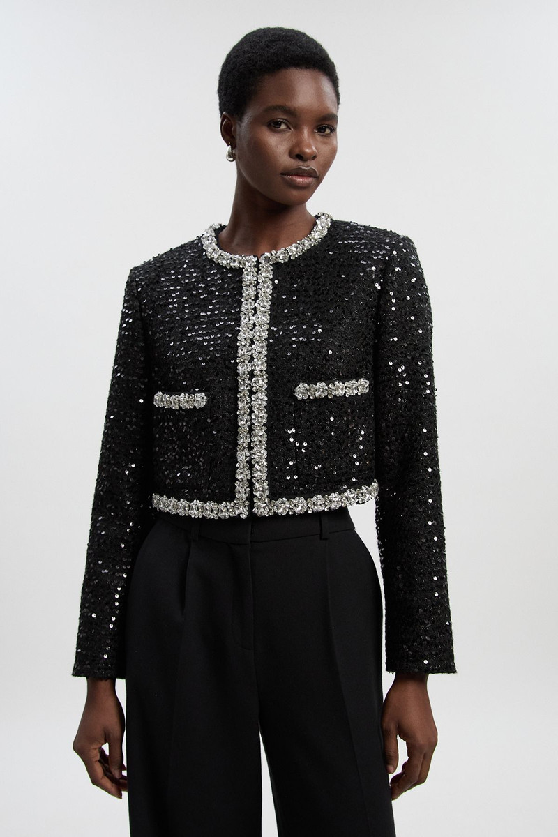 Sequin Tweed Embellished Cropped Tailored Jacket 1