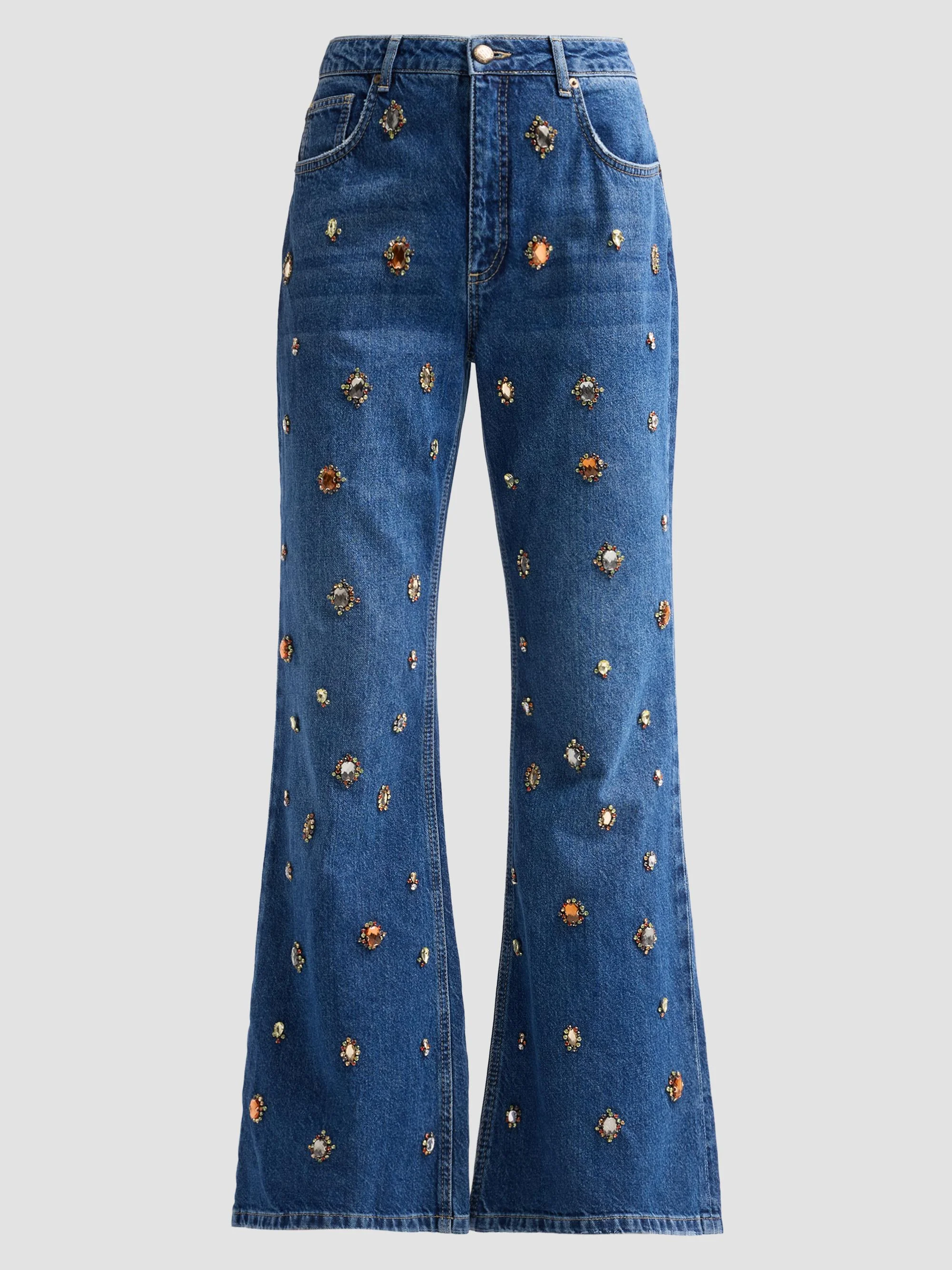 Women's Embellished Flared Jeans - Blue - 1