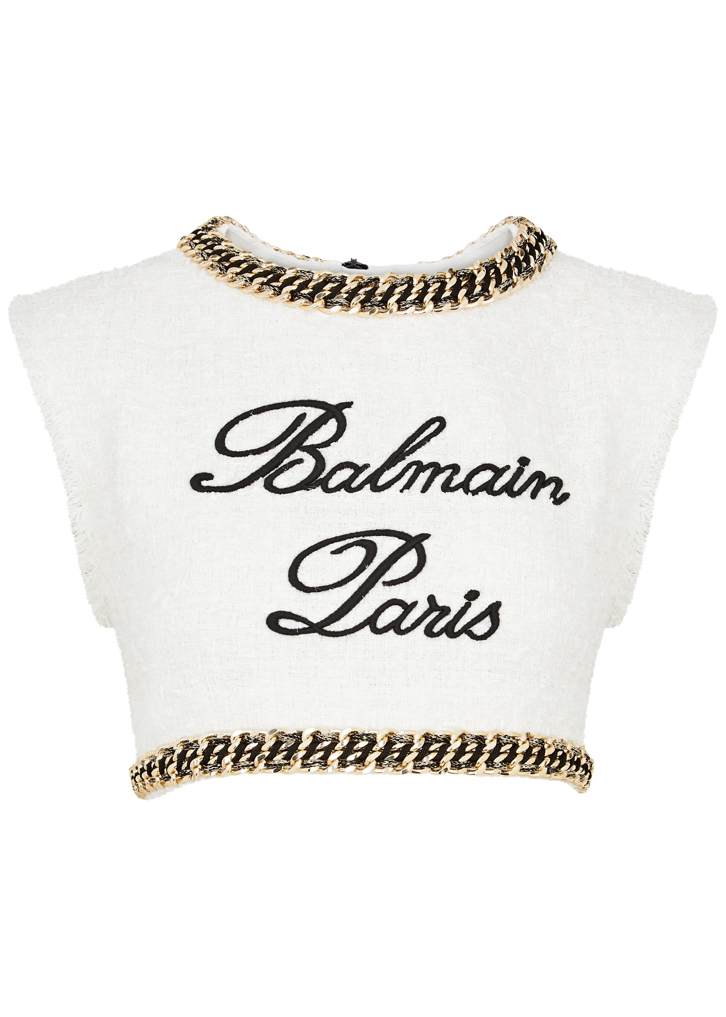 Logo-embroidered cropped tweed top - 1