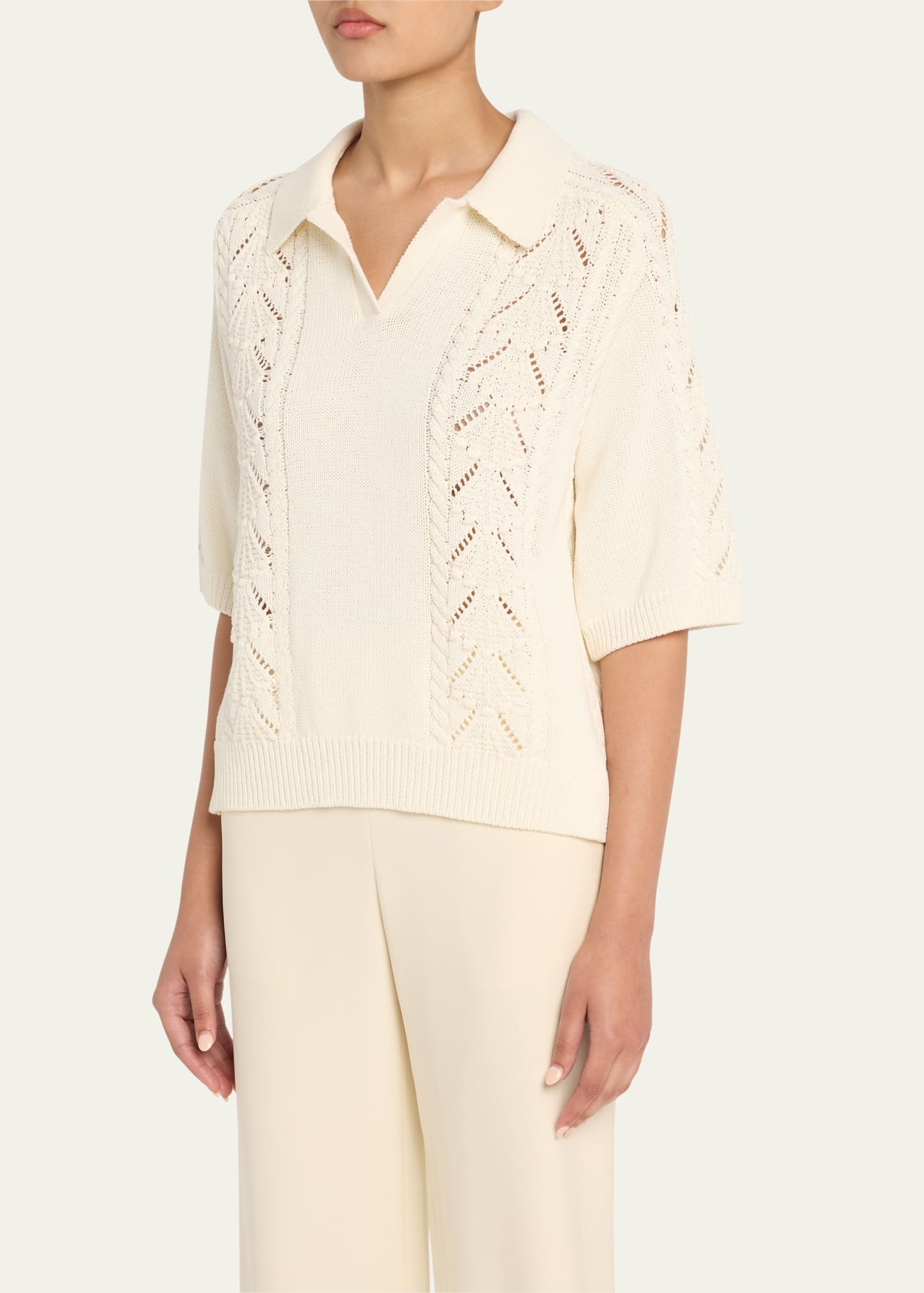 Kina Pointelle & Cable-Knit Cotton Polo Sweater - 4