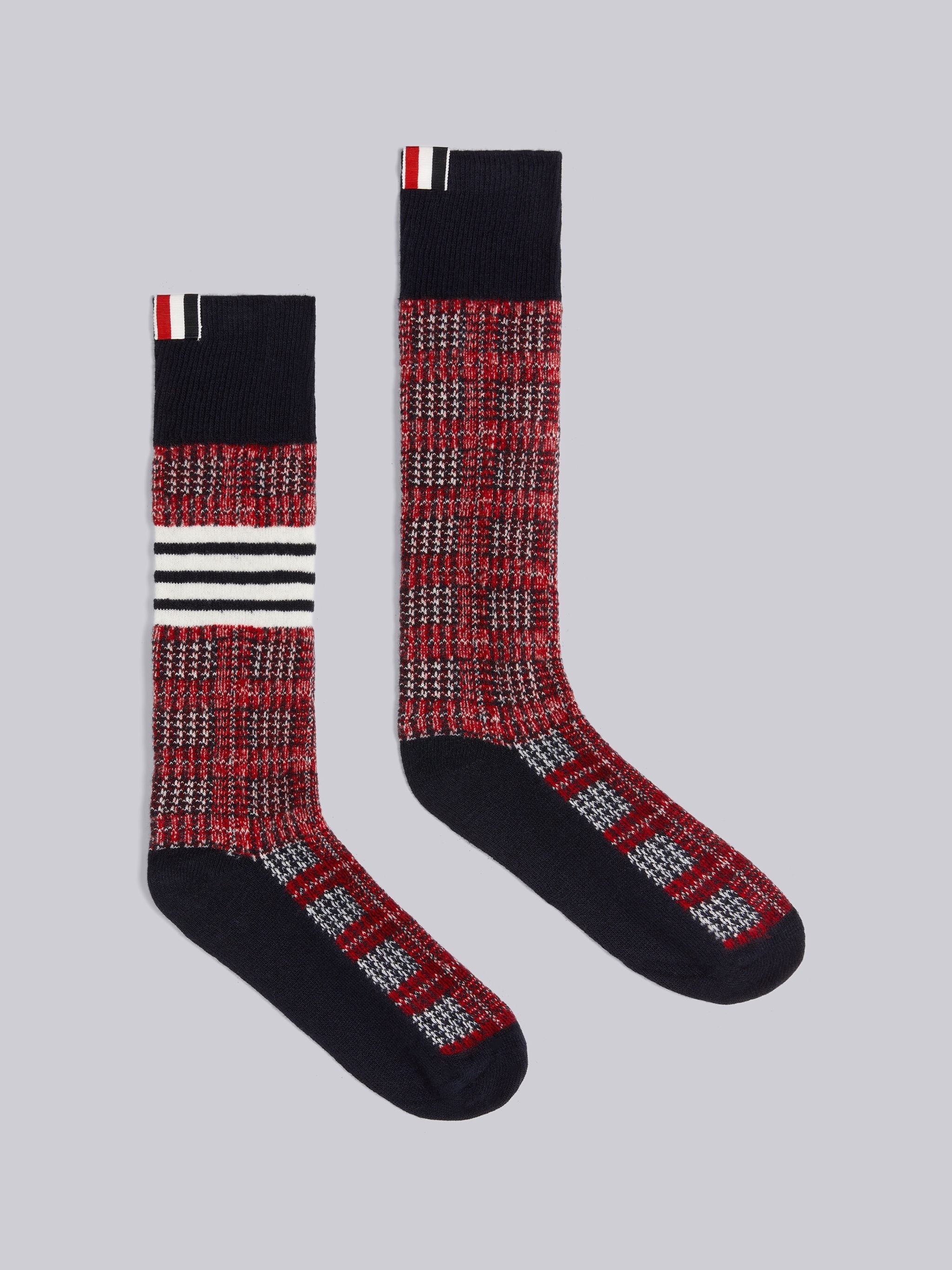 Multicolor Grid Windowpane Check Baby Merino Jacquard 4-Bar Stripe Over-the-calf Socks - 1