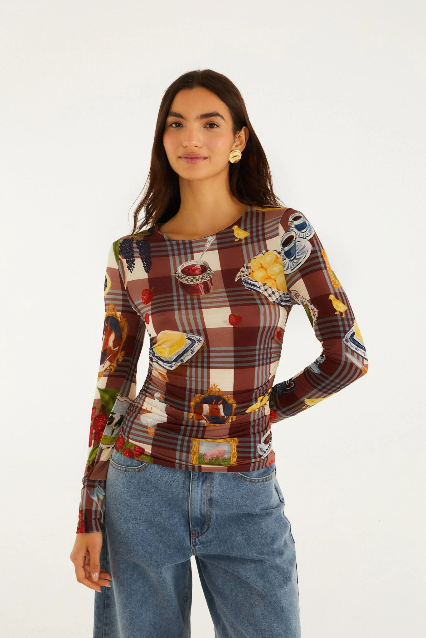 Brown Country Table Tartan Long Sleeve Jersey Blouse - 1