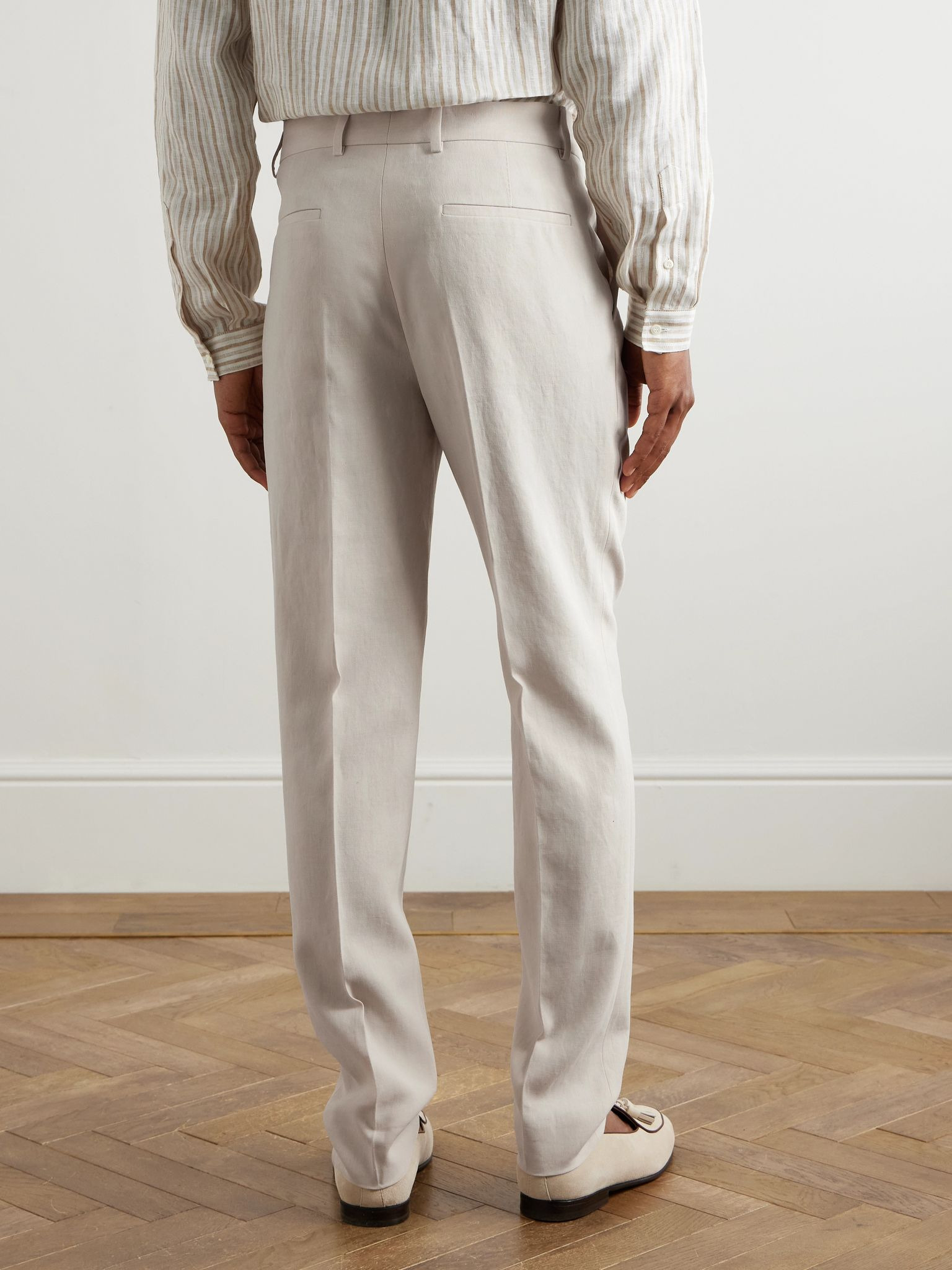 Slim-Fit Straight-Leg Pleated Linen Suit Trousers Beige - 4