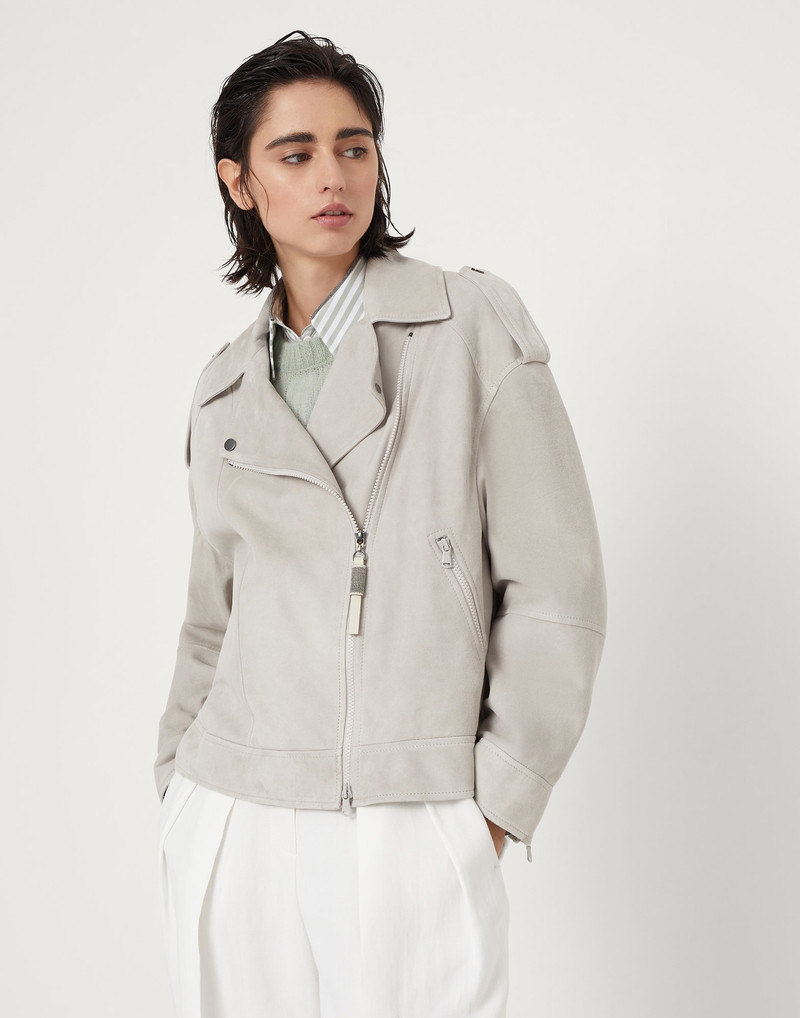 Couture suede biker jacket with precious zipper pull 1