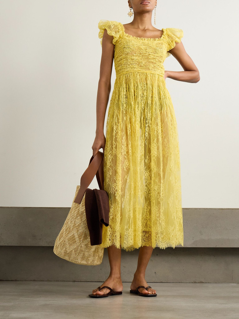 DÔEN Pamelina ruffled shirred lace midi dress Yellow outlook