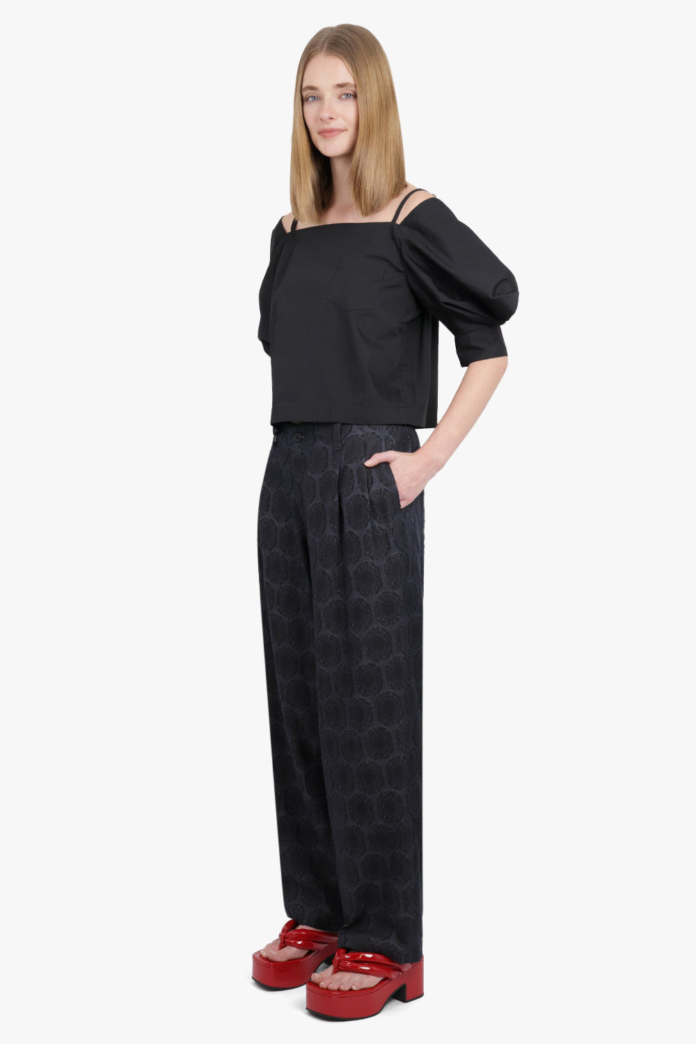FLOWER JACQUARD TWO TUCK BANDING SLACKS | INDIGO BLUE - 3