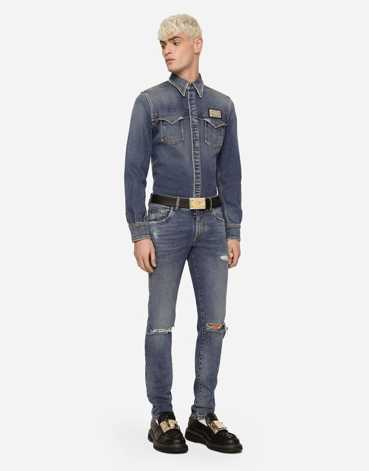 Light blue skinny stretch jeans with rips - 2