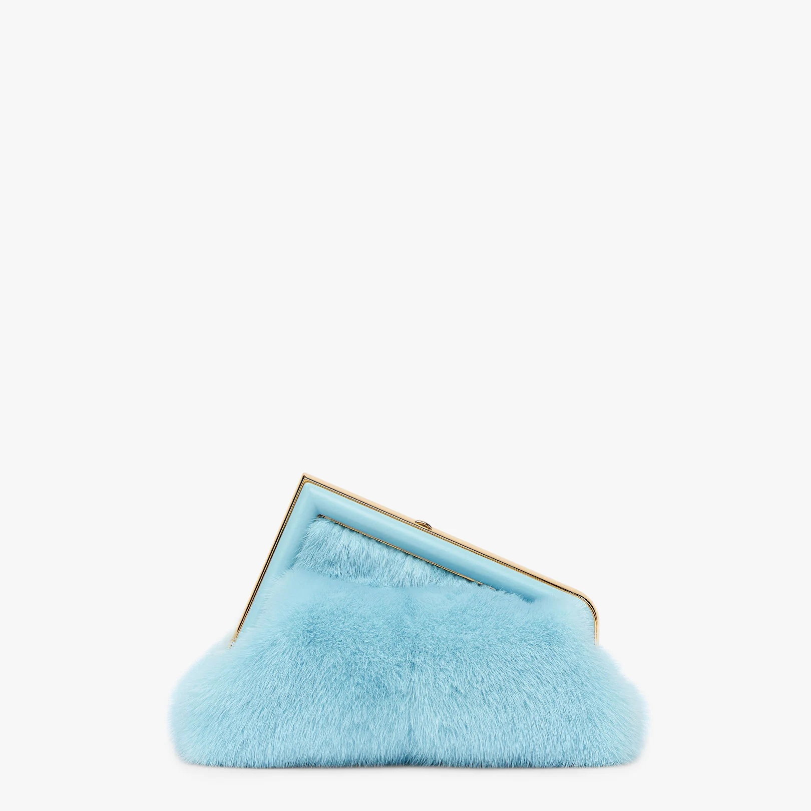 Small Fendi First bag in light blue soft mink with an oversized F metal clasp with tone on tone napp - 3