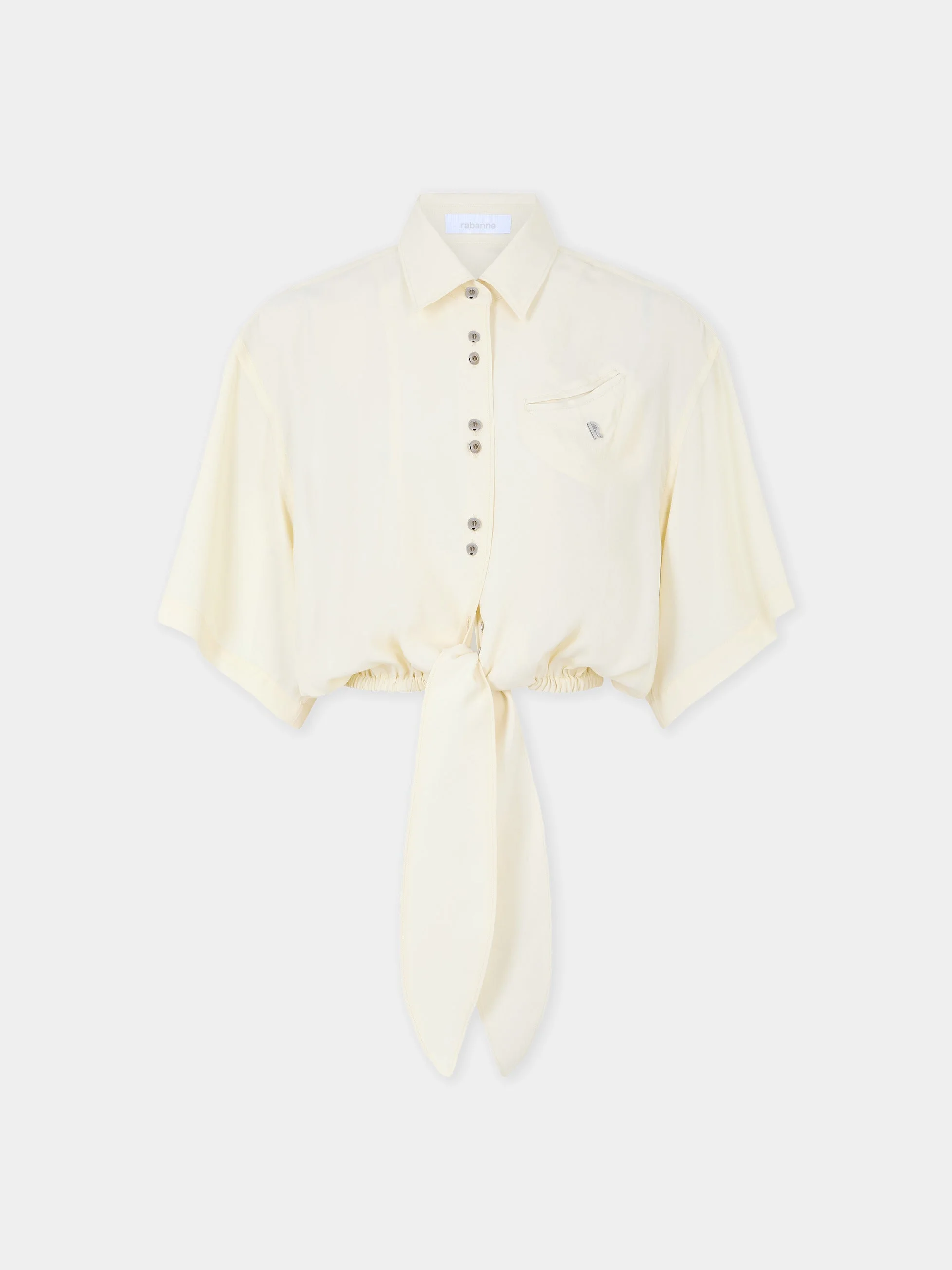 CROP TOP SHIRT IN CREAM CREPE DE CHINE WITH KNOT DETAILS - 1
