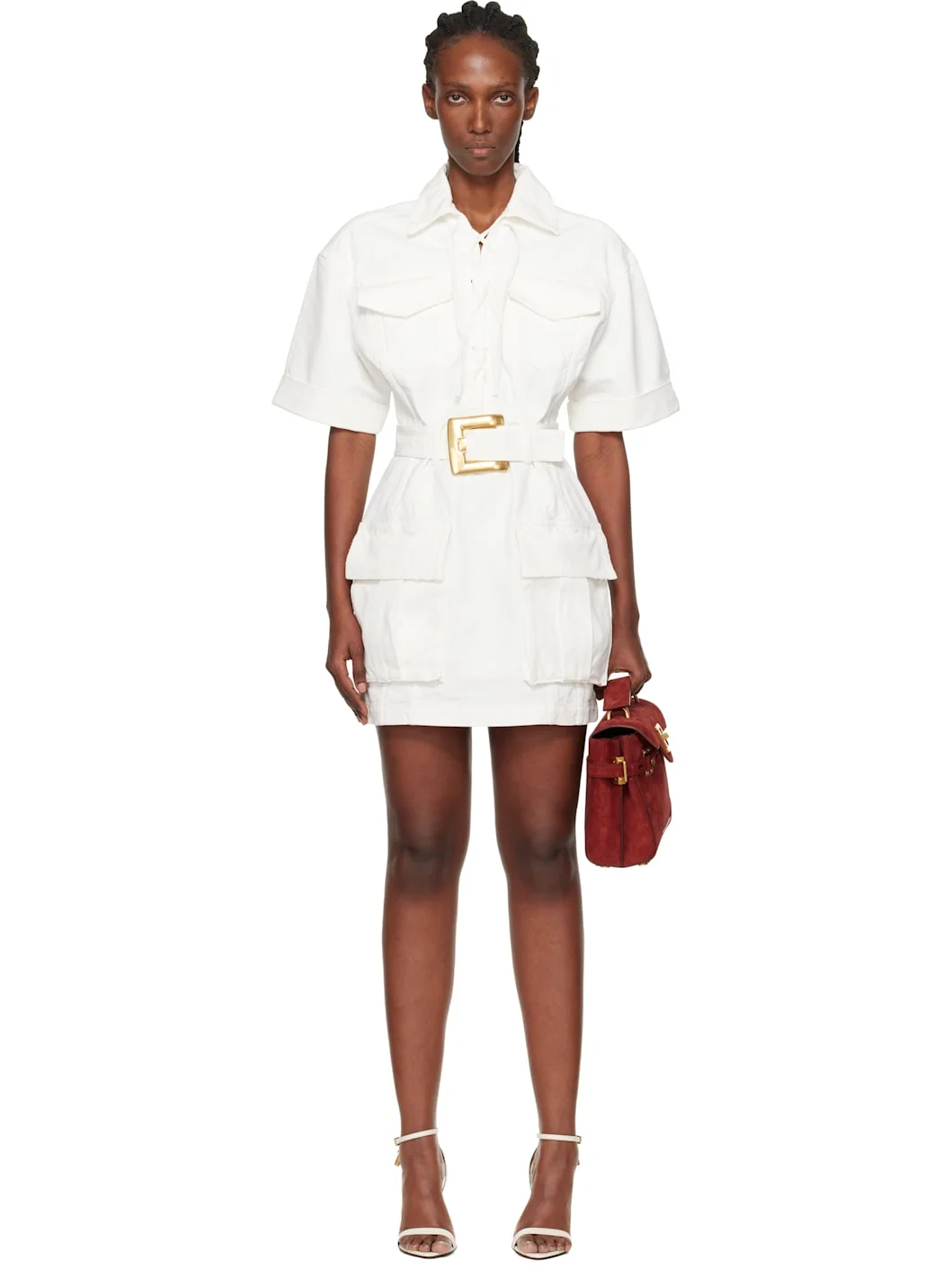 White Lace-Up Canvas Minidress - 1