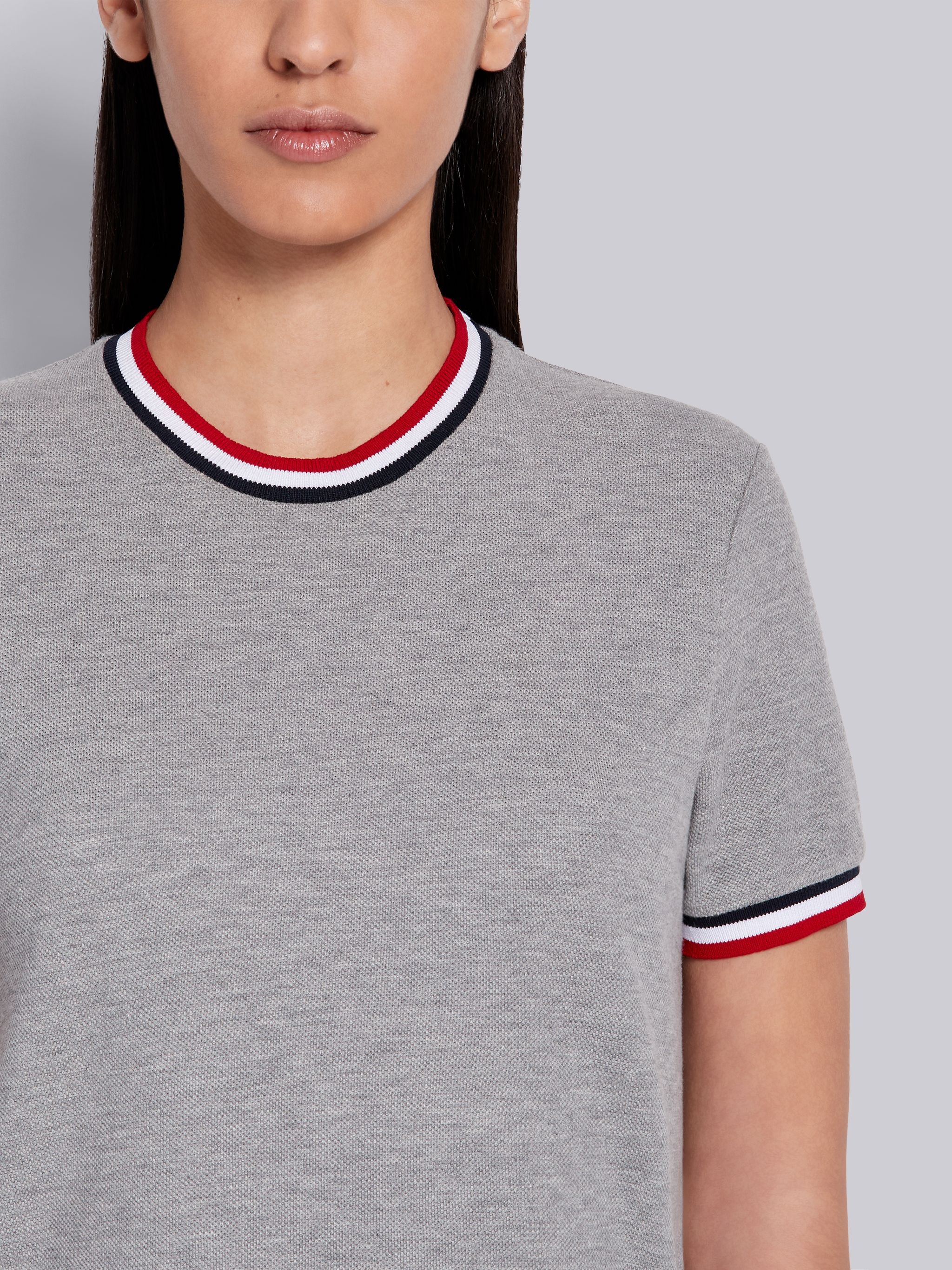 Light Grey Cotton Pique Tricolor Rib Trim Short Sleeve Tee - 5