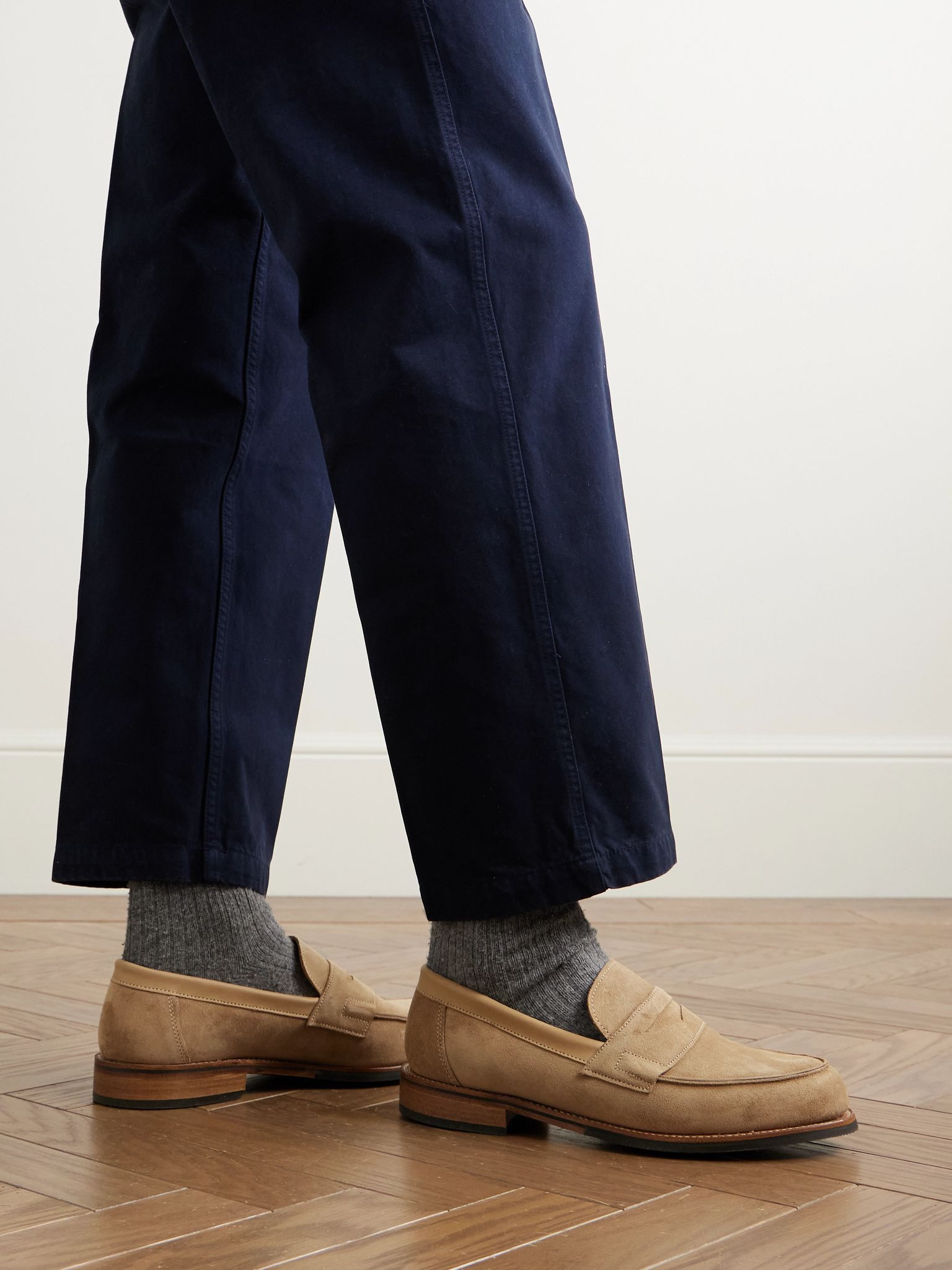 Epsom Leather-Trimmed Suede Penny Loafers Beige - 2