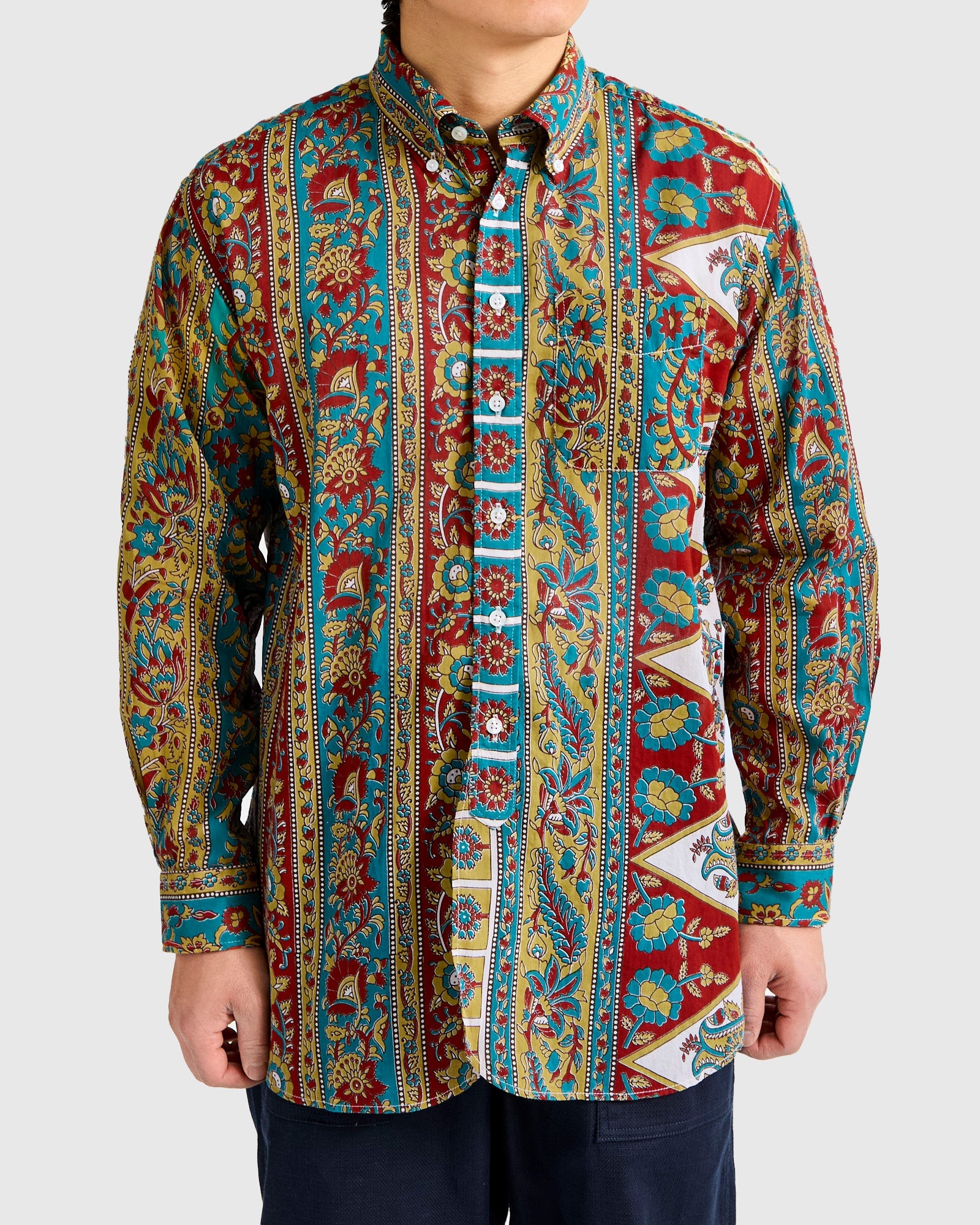 19th Century Button-Down Shirt in Jade Khaki Floral Stripe - 2