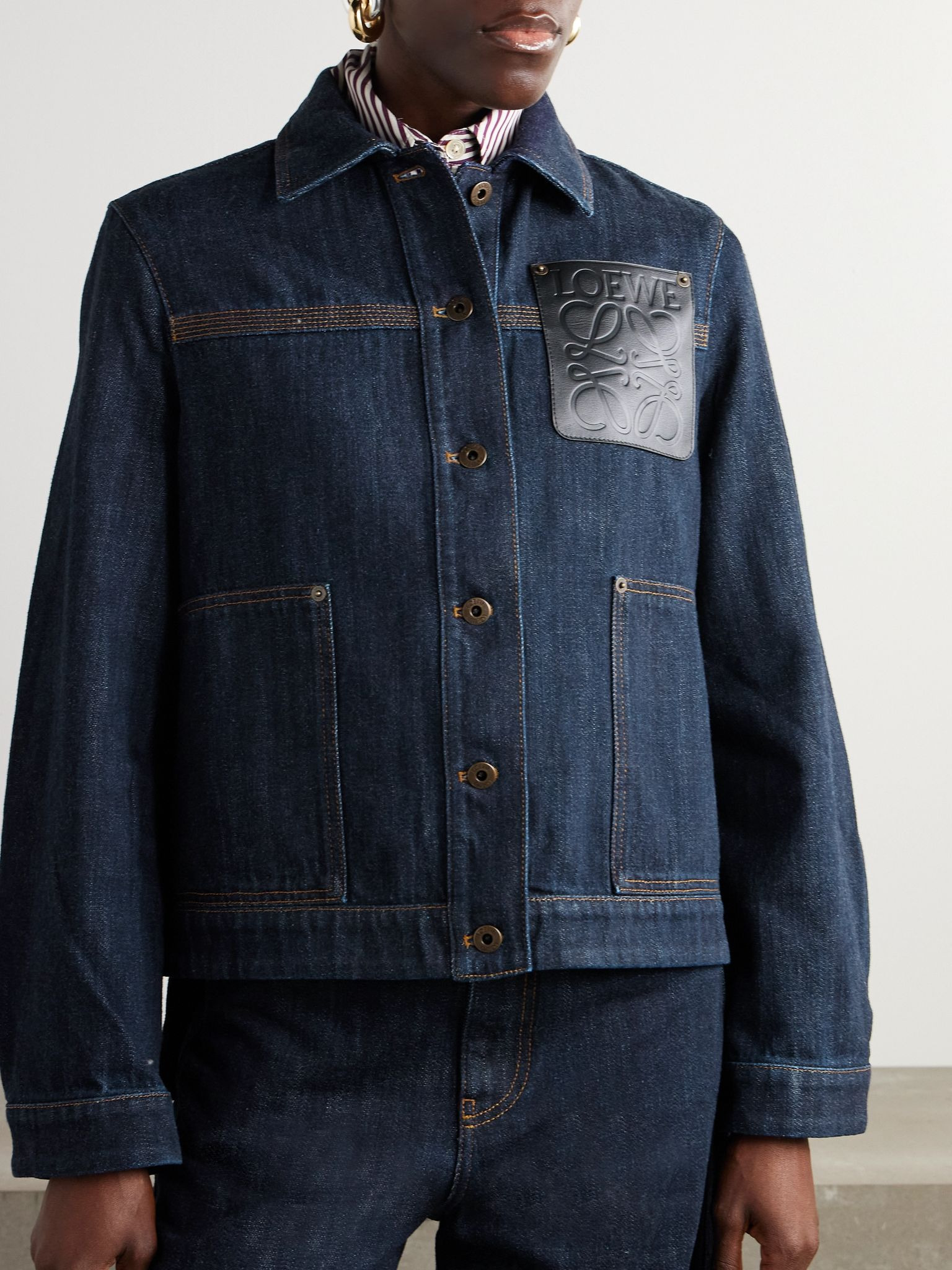 Leather-trimmed denim jacket Indigo - 3