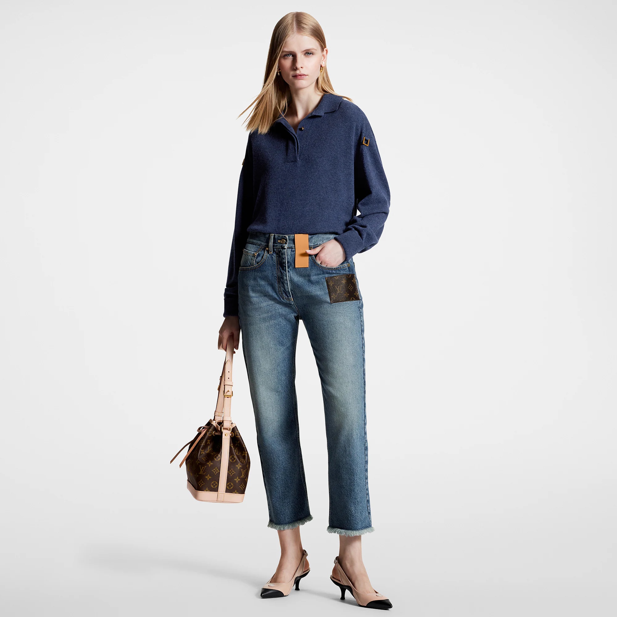 Frayed Hem Stonewashed Monogram Patch Jeans - 4