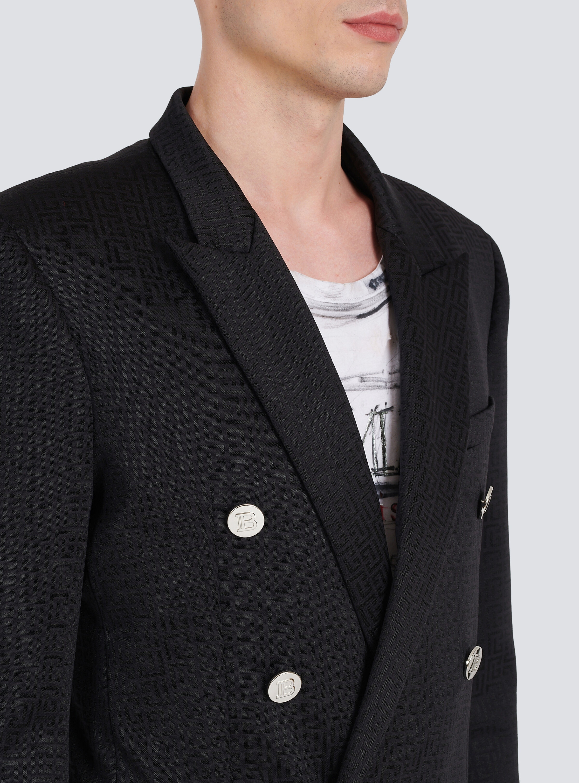 Jersey double-breasted blazer with Balmain monogram print - 2