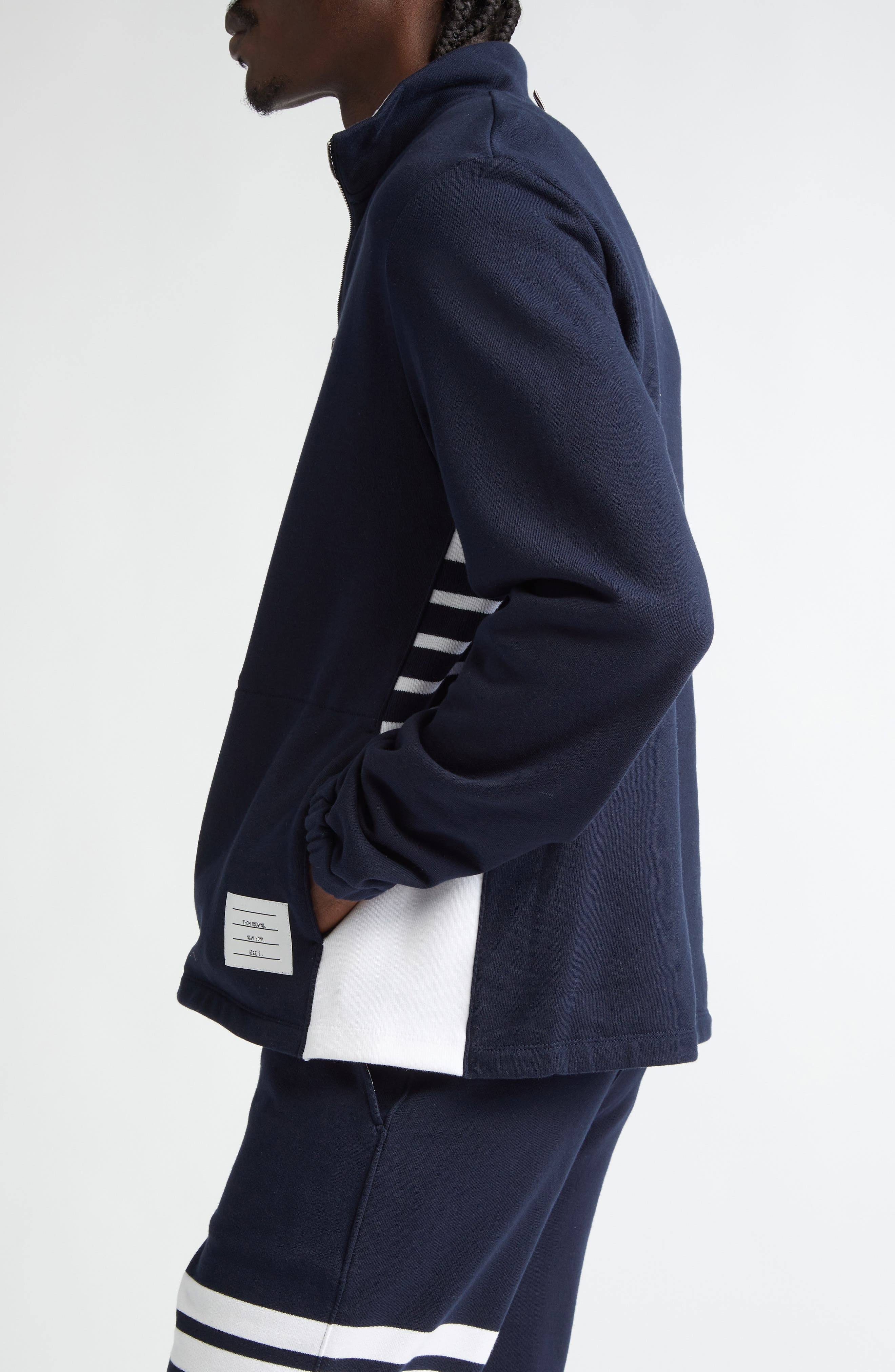 Thom Browne 4-Bar Stripe Funnel Neck Half Zip Sweatshirt in Navy at Nordstrom - 4