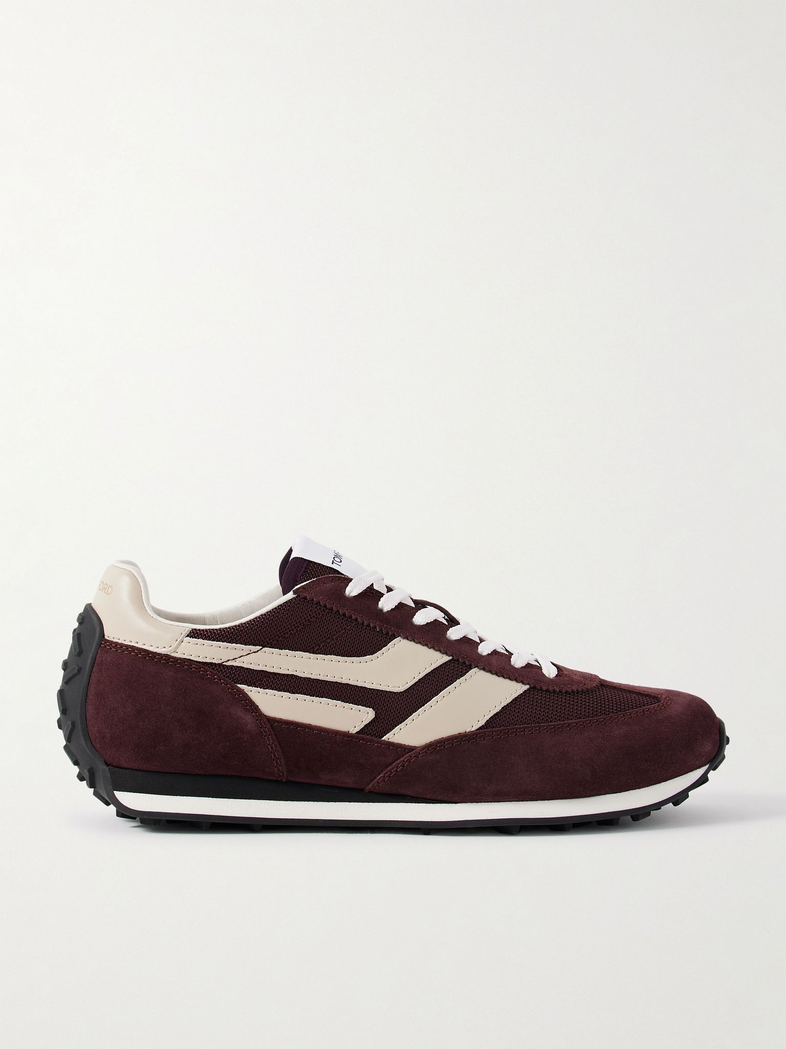 Mesh and Leather-Trimmed Suede Sneakers Burgundy - 1
