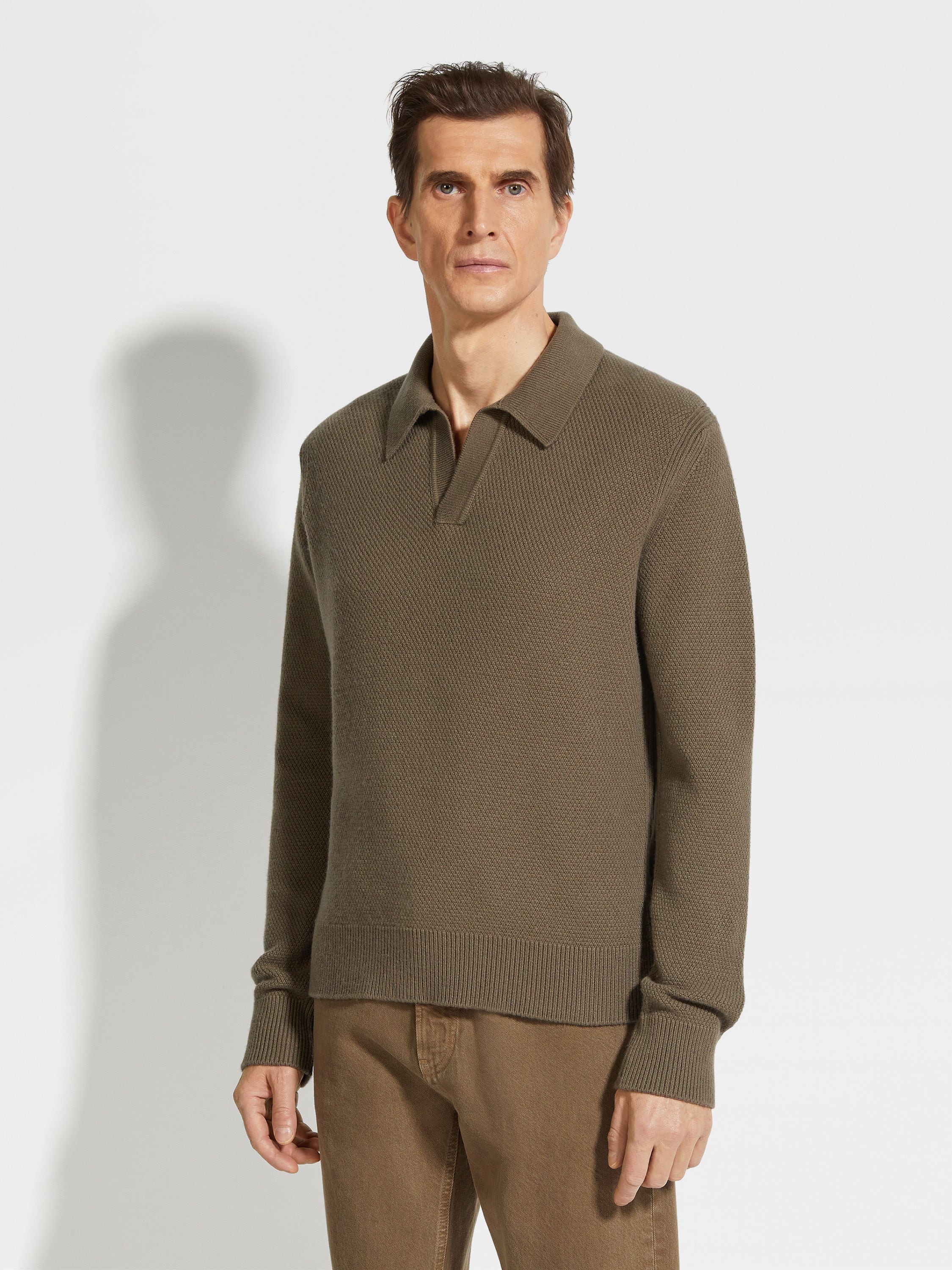 DARK KHAKI MÉLANGE OASI CASHMERE POLO SHIRT - 4
