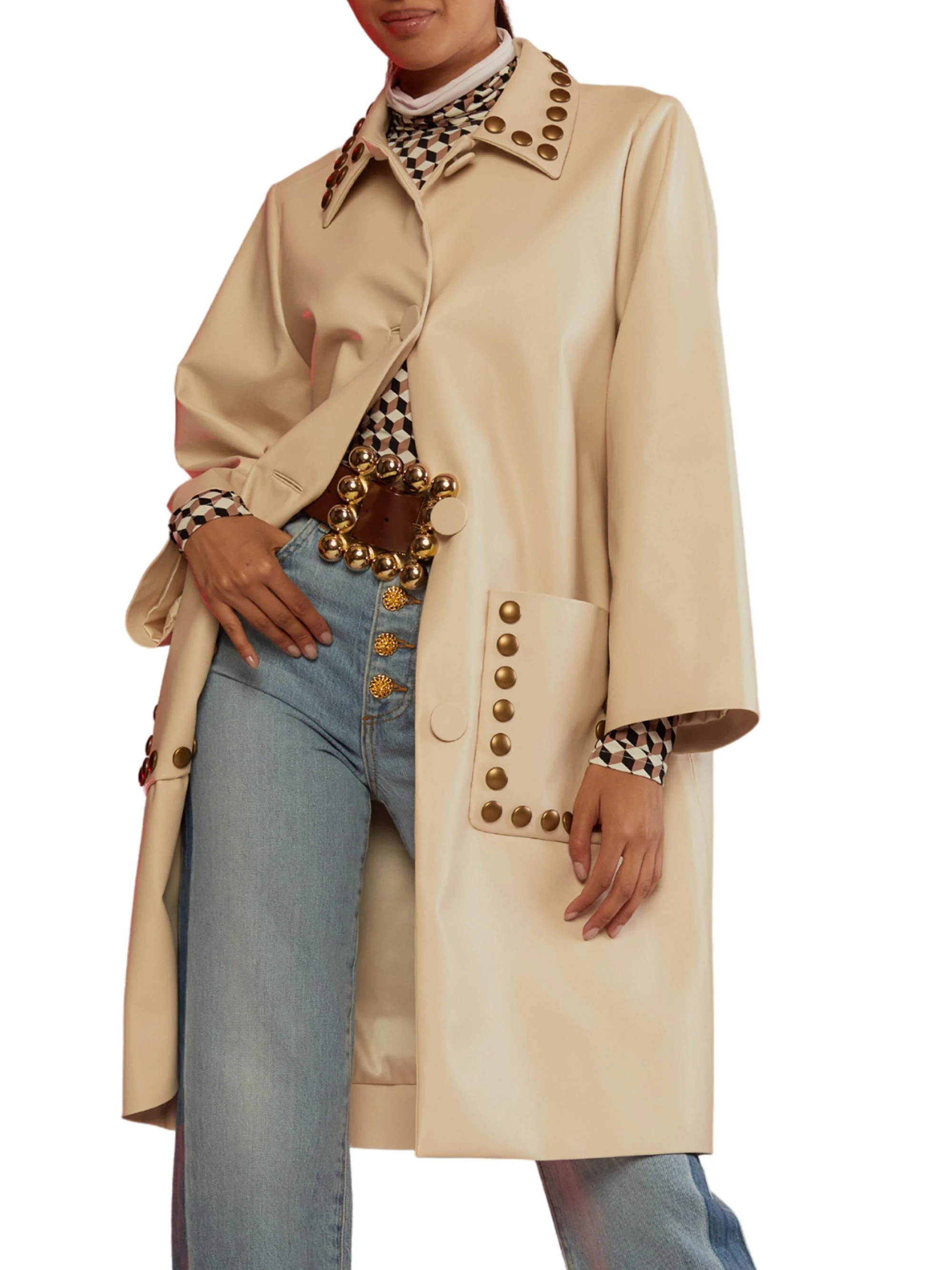 Women's Studded Faux Leather Jacket - Cream - 1