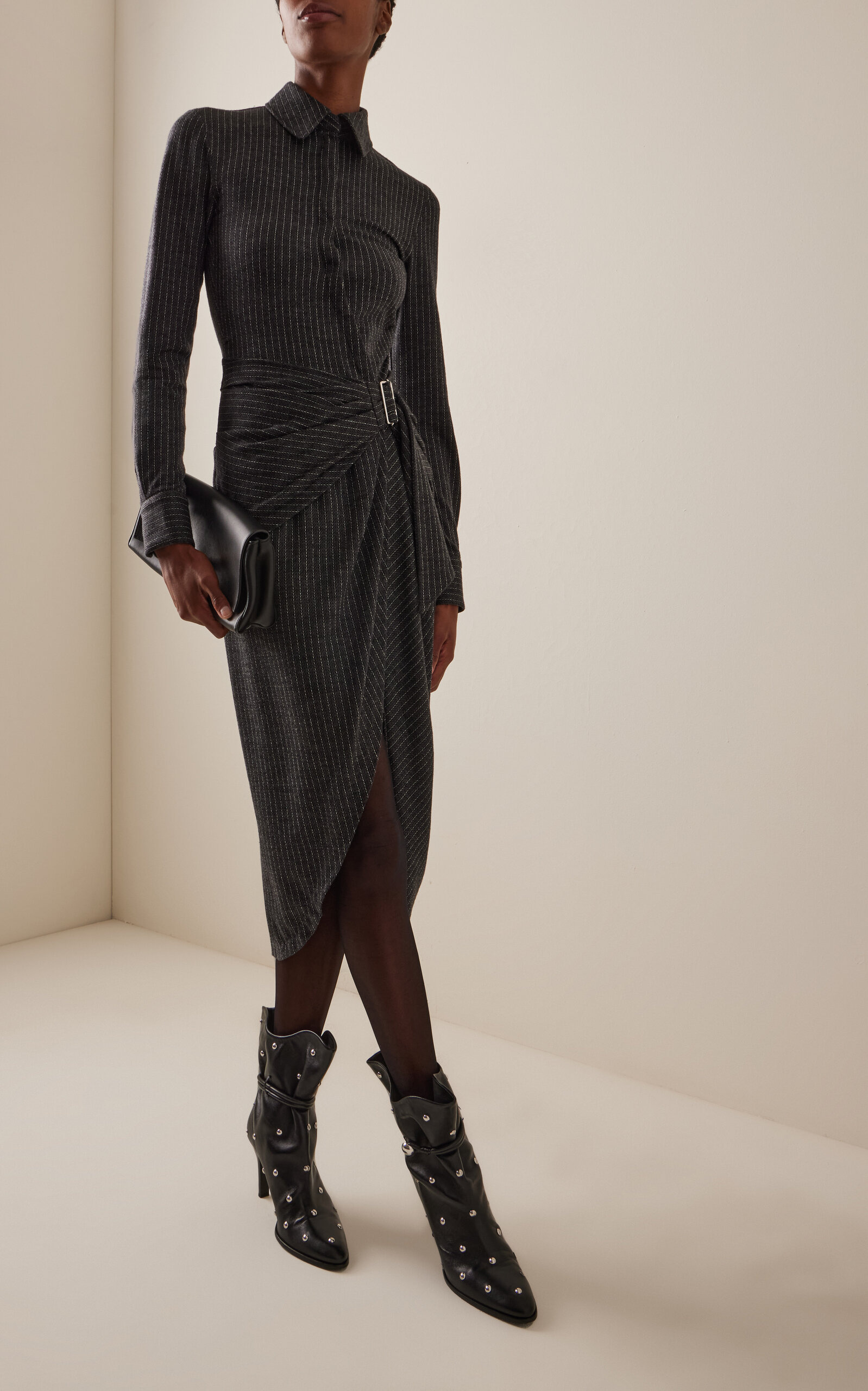 Rosalie Pinstriped Wool-Cotton Midi Shirt Dress grey - 3