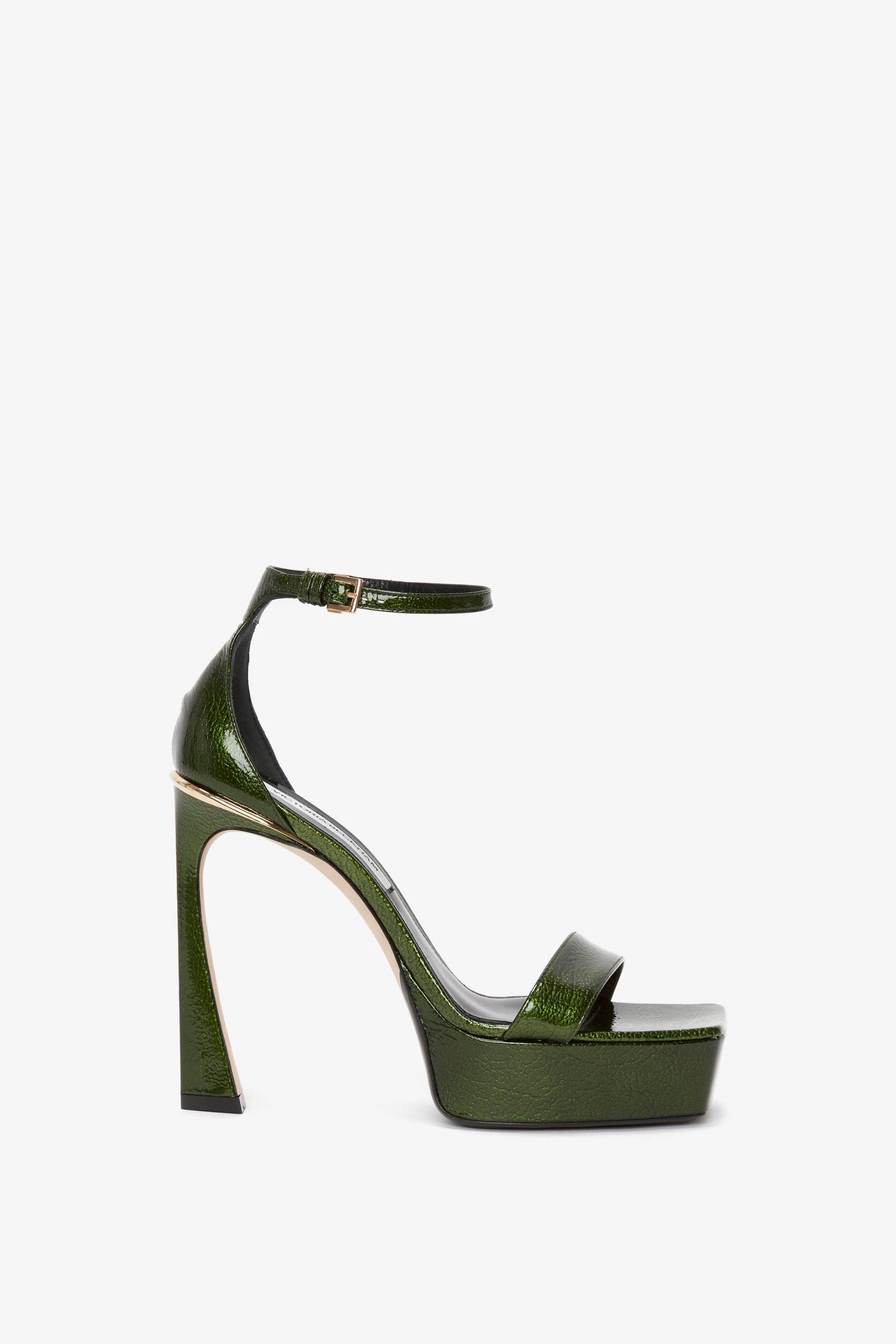 Squared Toe Platform Sandal in Green Grained Patent - 1