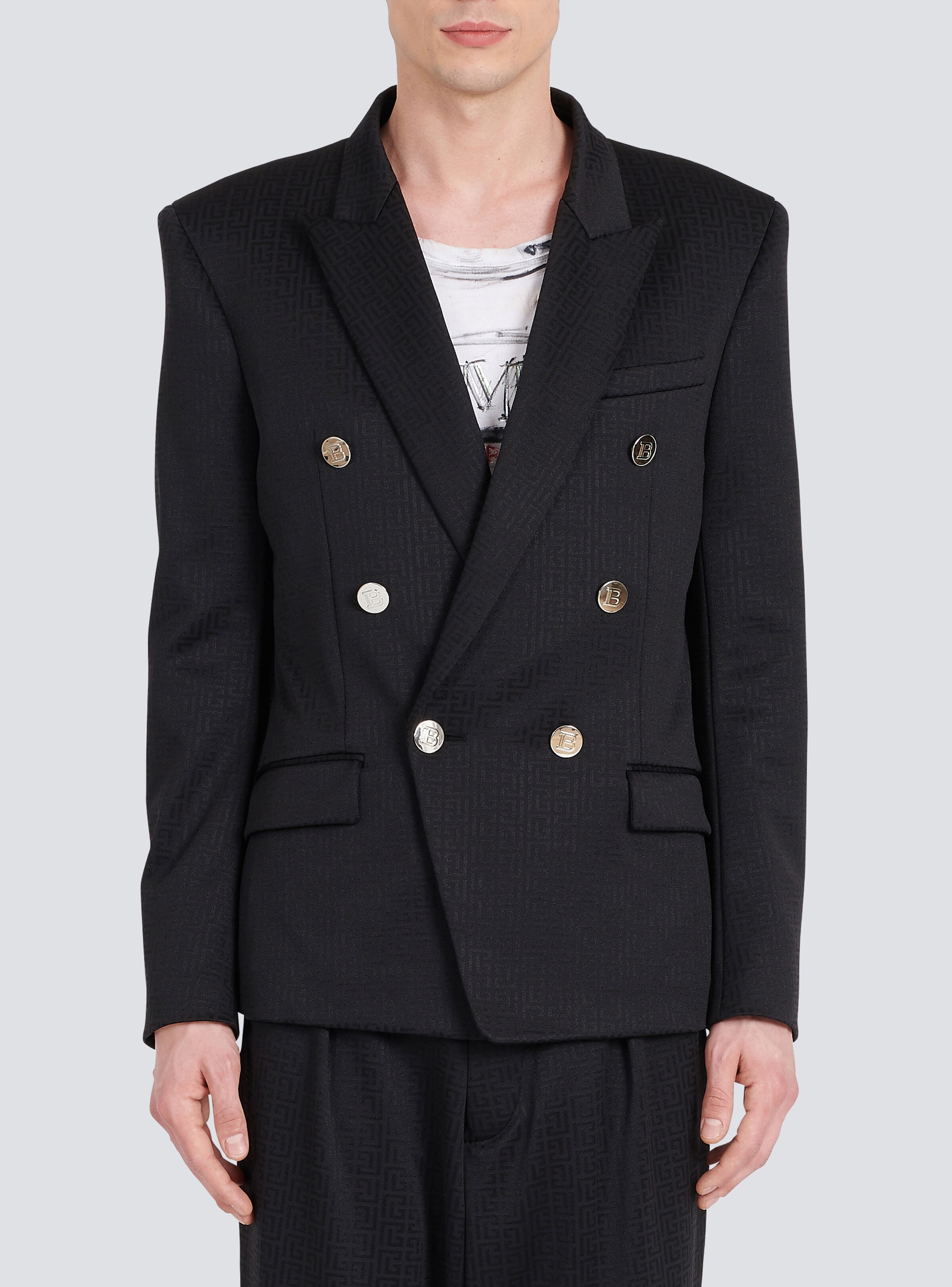 Jersey double-breasted blazer with Balmain monogram print - 7
