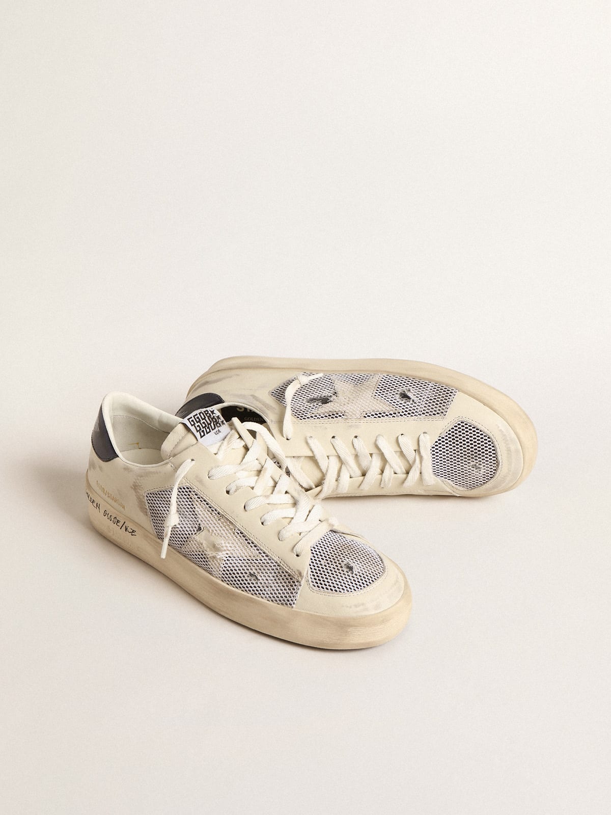 Golden Goose Stardan in white leather and mesh with blue