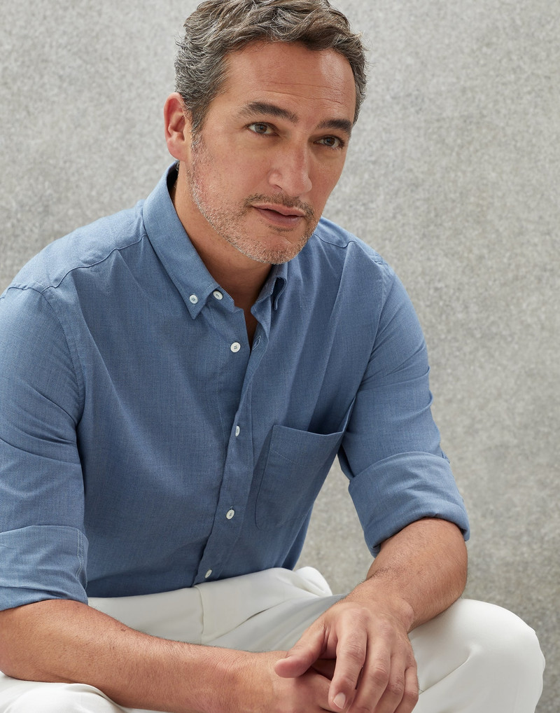 Denim-effect flannel easy fit shirt with button-down collar and chest pocket 4