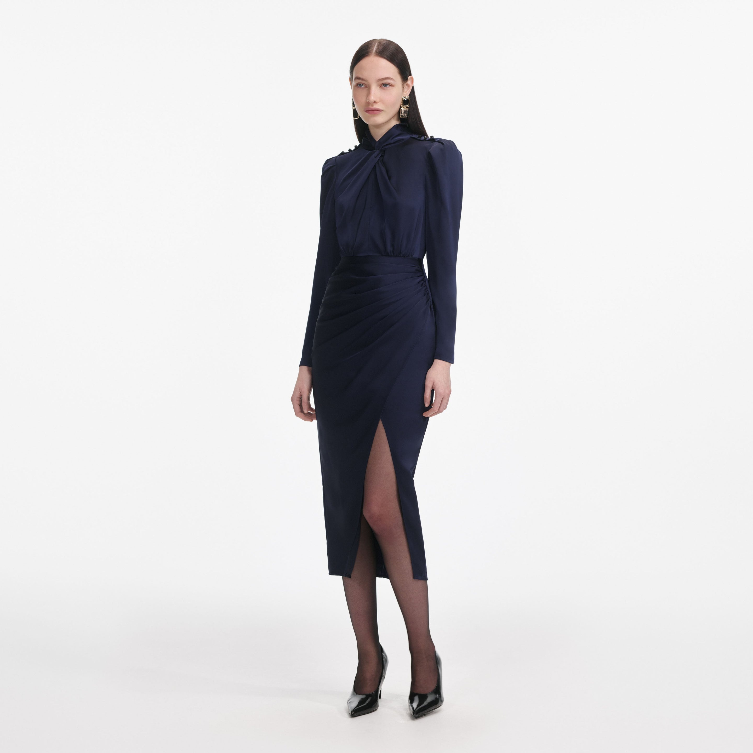 Navy Satin Midi Dress - 2