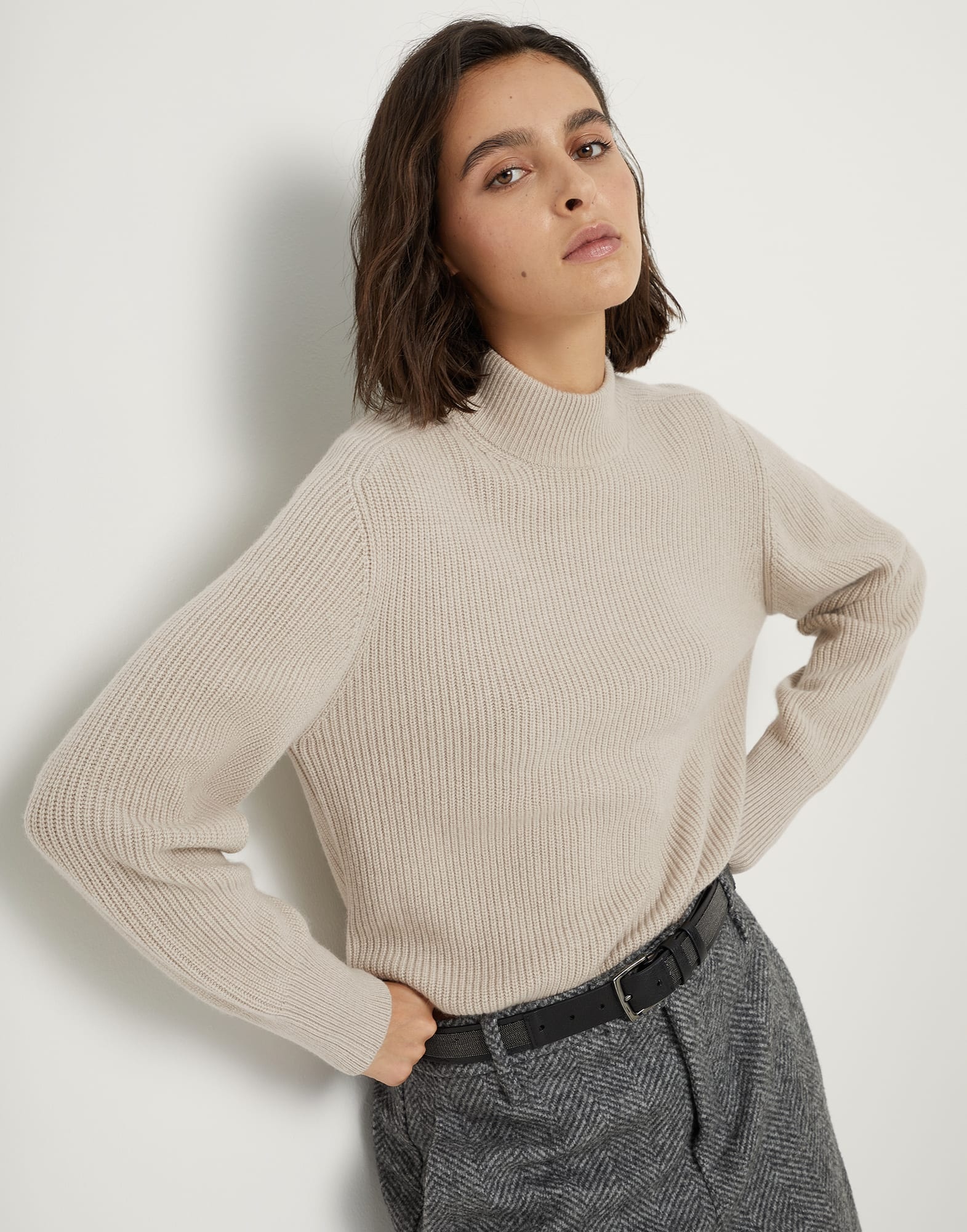 Cashmere English rib mock neck sweater with monili - 4