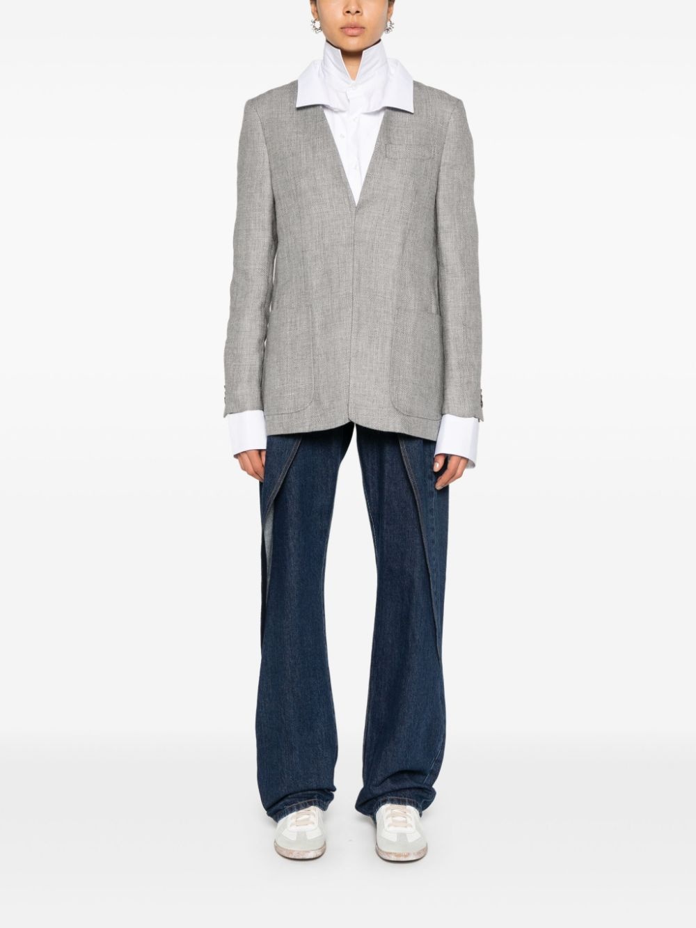 collarless V-neck blazer - 2