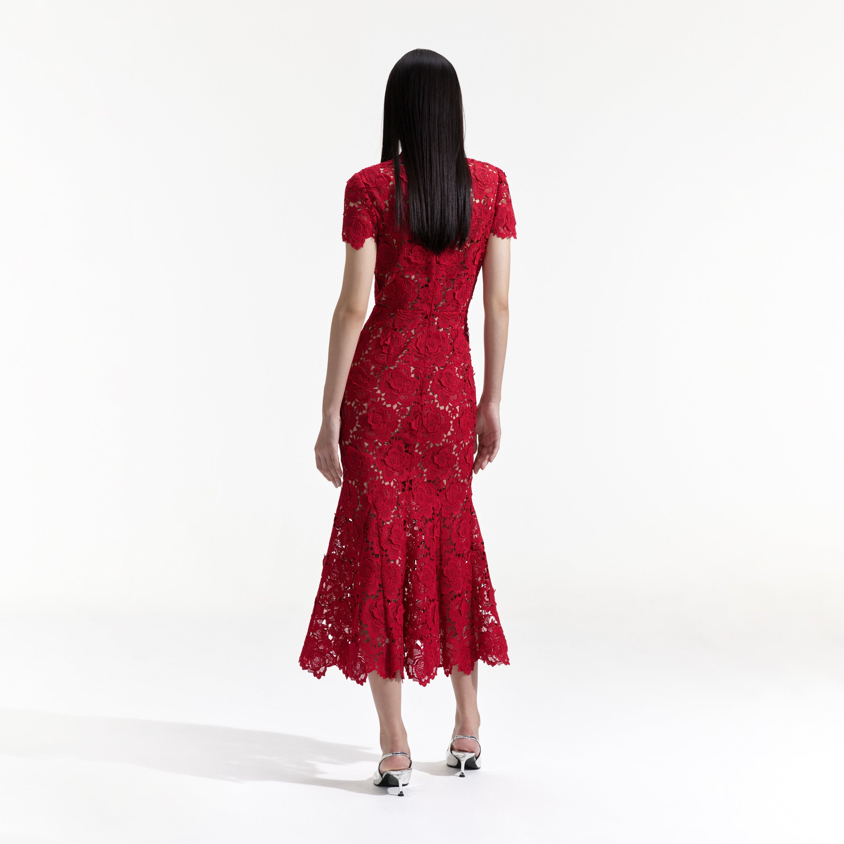 self portrait Red Flower Lace Midi Dress REVERSIBLE