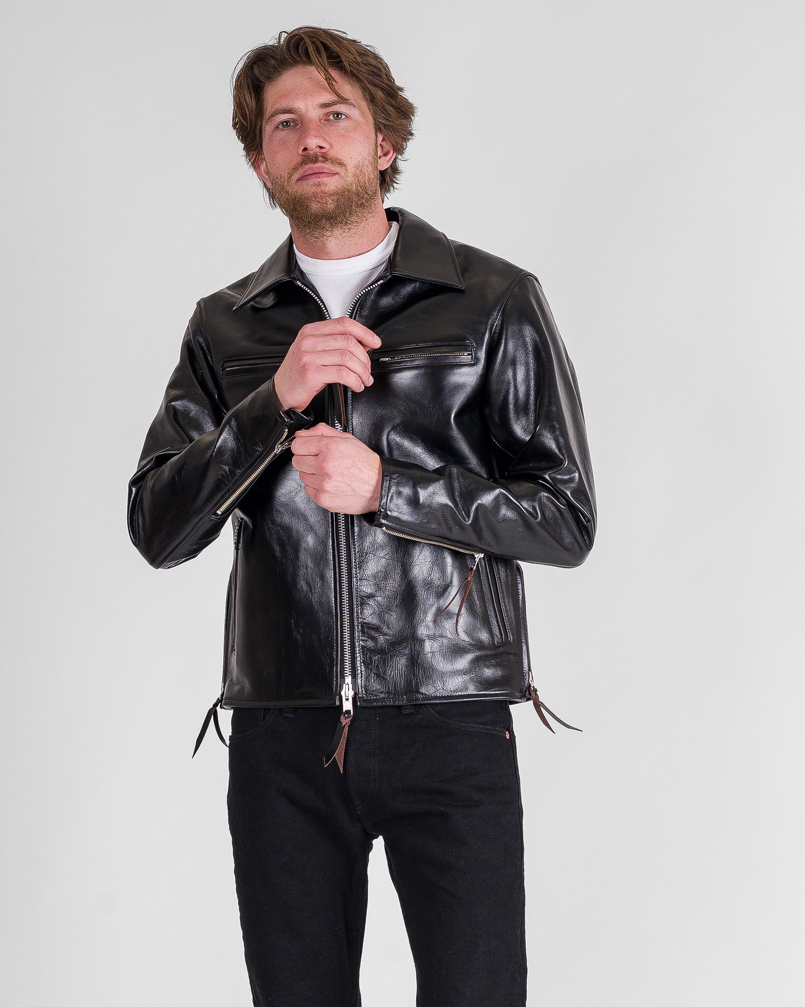 IHJ-54-BLK Japanese Horsehide Rider’s Jacket with Collar - Black (Tea-Core Dyed) - 3
