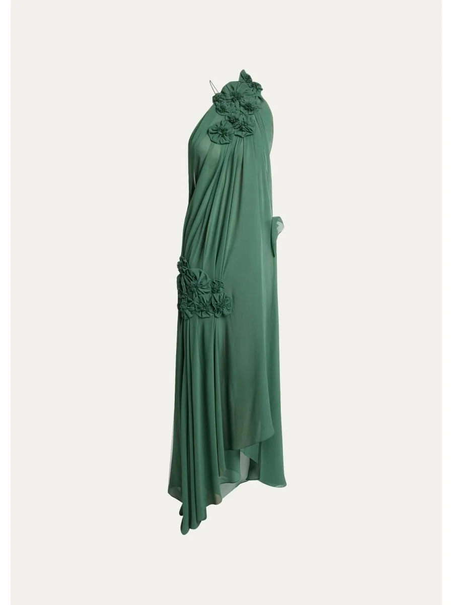 Pleated Silk Georgette Floral Applique Asymmetric Gown - 1