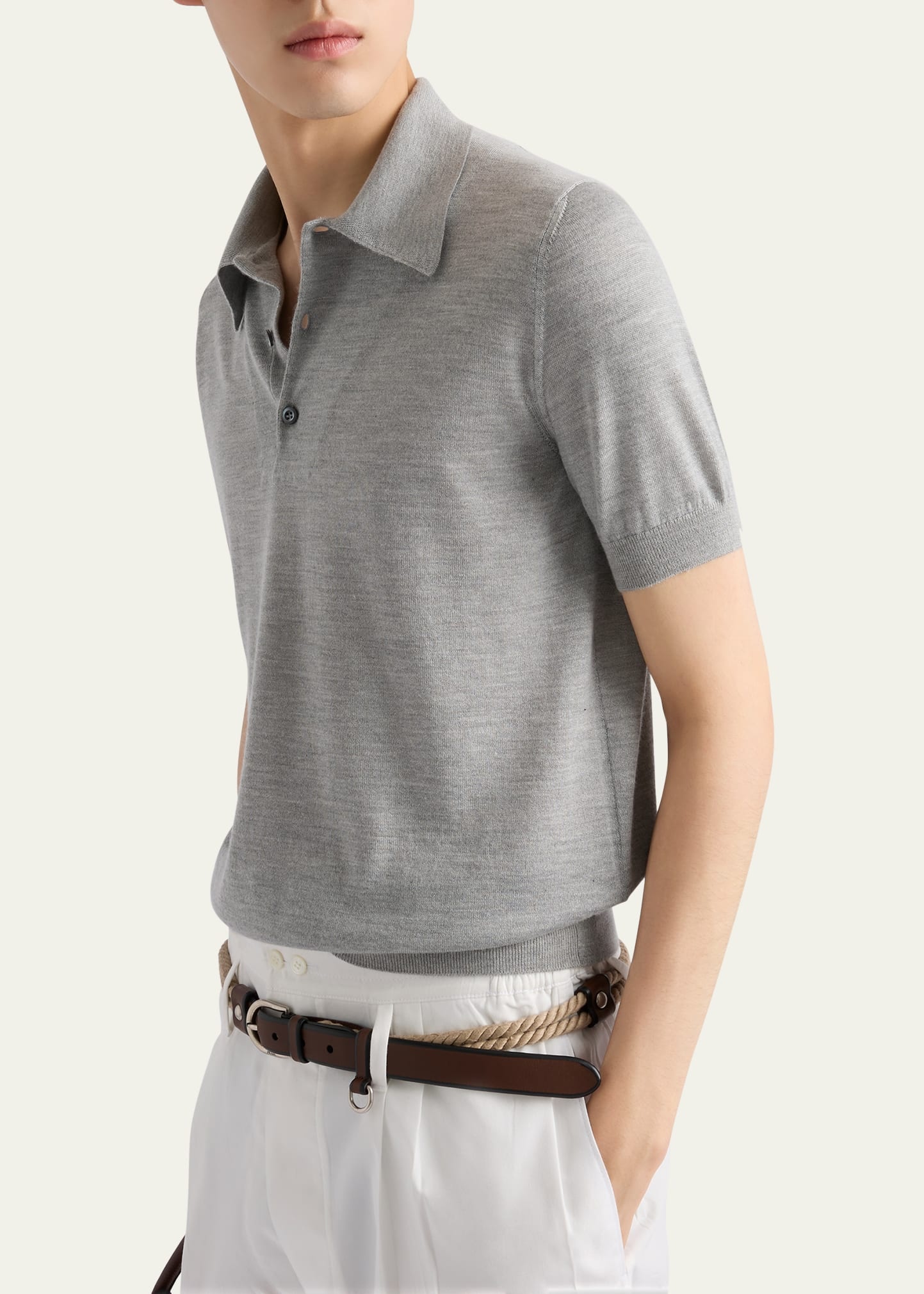 Men's Cashmere and Silk Knit Short-Sleeve Polo Sweater - 4