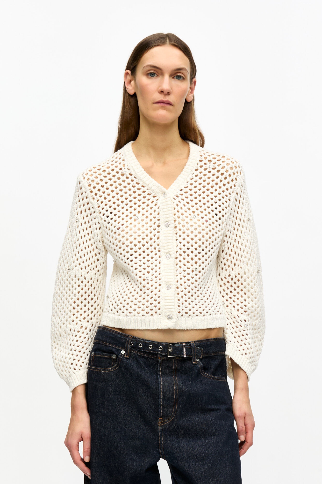 WHITE RHINESTONE COTTON POINTELLE CARDIGAN - 2