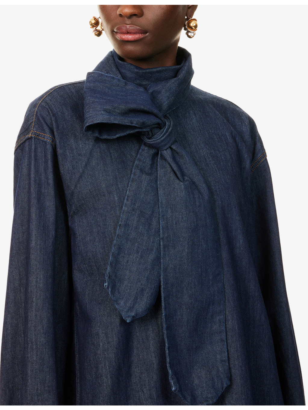 Bow-Embellished Relaxed-Fit Denim Blouse - 5