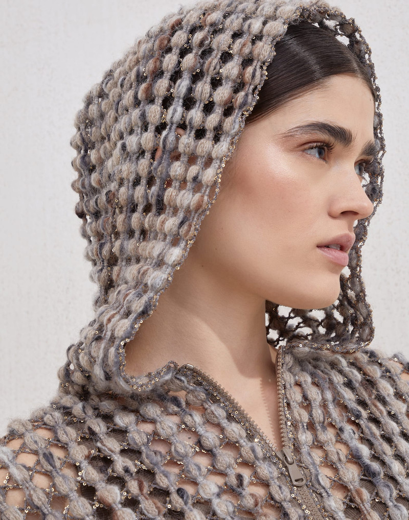 Virgin wool, cashmere and mohair balloon net embroidery cardigan with hood 3