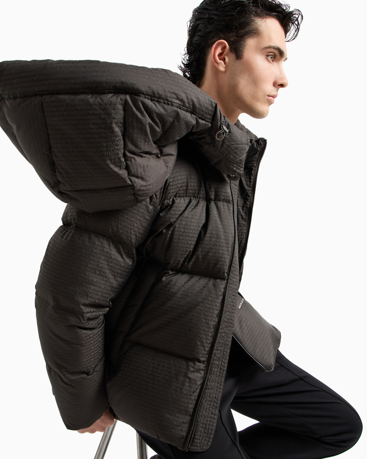 Zipped, hooded down jacket in jacquard nylon with all-over logo lettering - 6